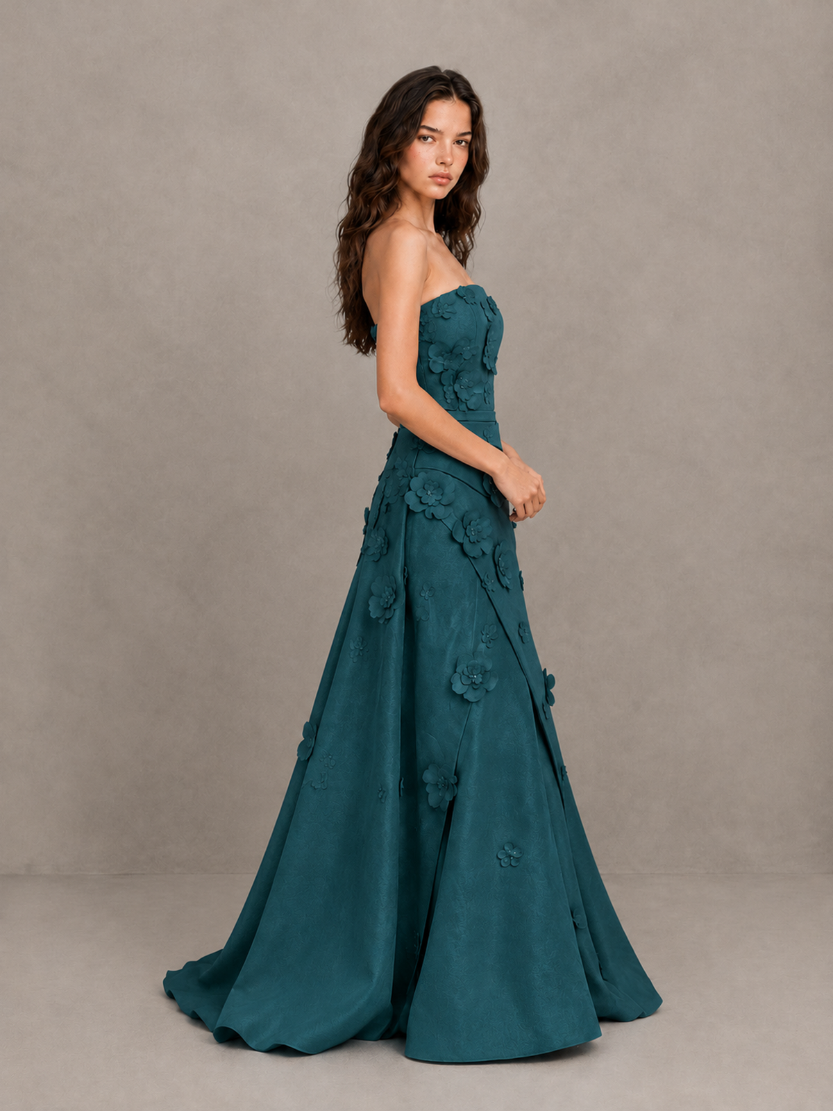 BOLODOO Teal Strapless 3D Floral Applique Prom Gown with Draped Skirt - Teal - Teal (3)