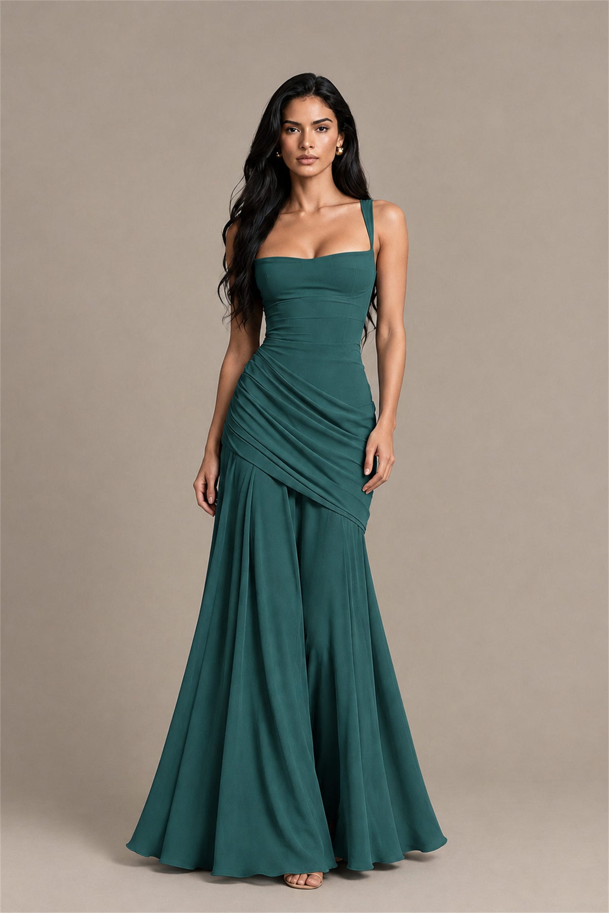 BOLODOO Square Neck Ruched A-Line Maxi Dress - Teal Backless Evening Gown - Teal