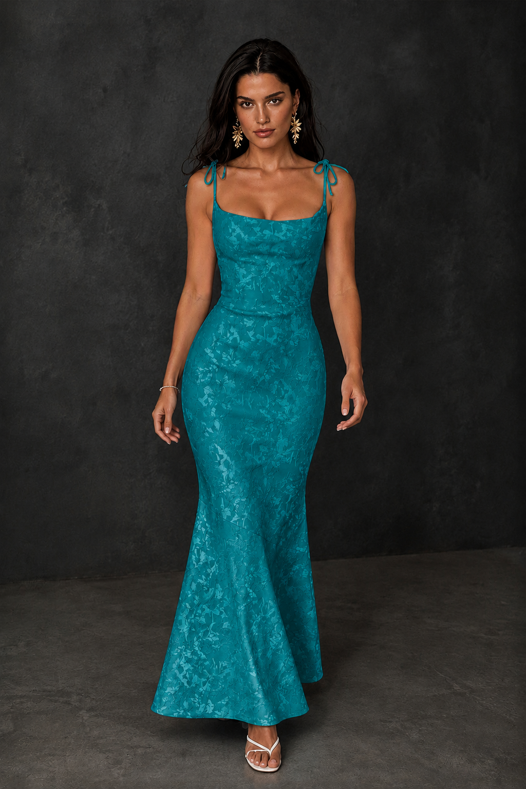 BOLODOO Teal Scoop Neck Tie Strap Lace-Up Back Floral Jacquard Mermaid Maxi Dress - Teal