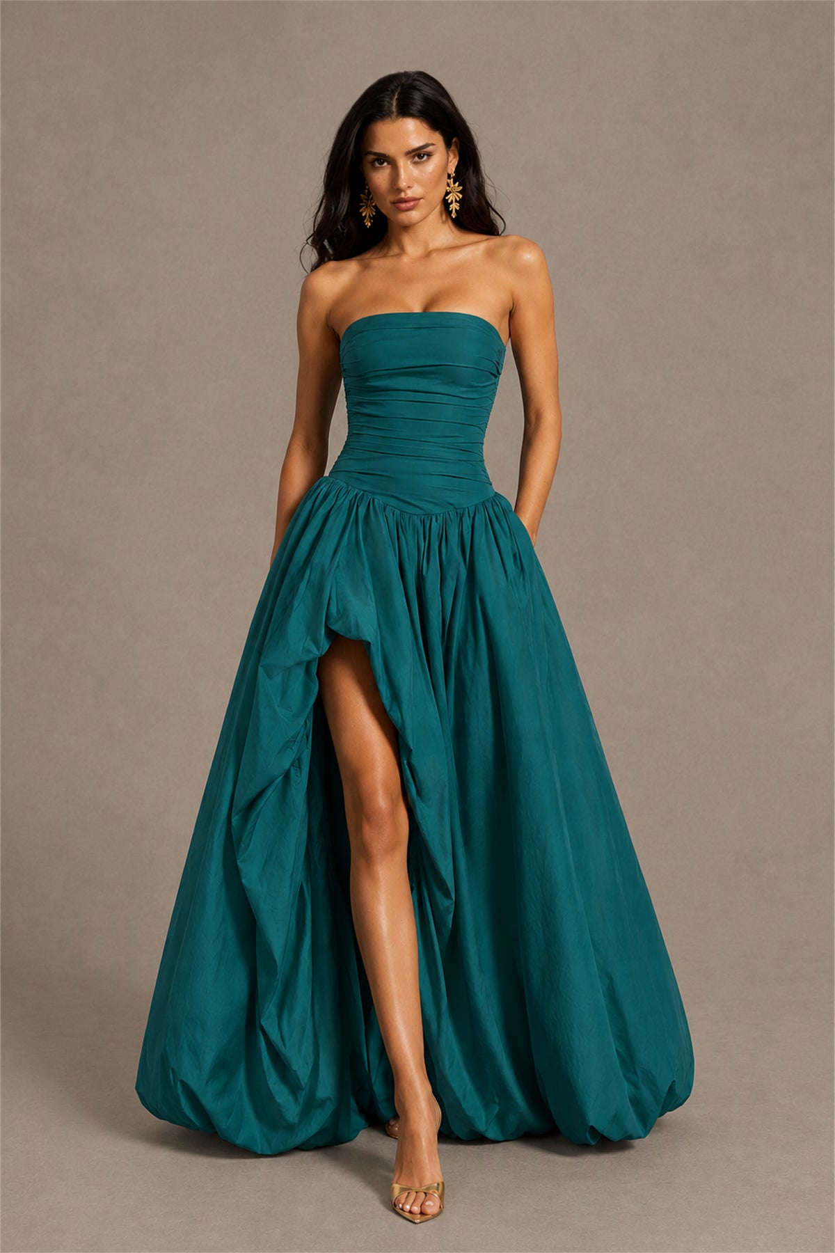 BOLODOO Teal Strapless Ruched Corset Lace-Up Back Bubble Skirt High Slit Taffeta Maxi Dress - Teal