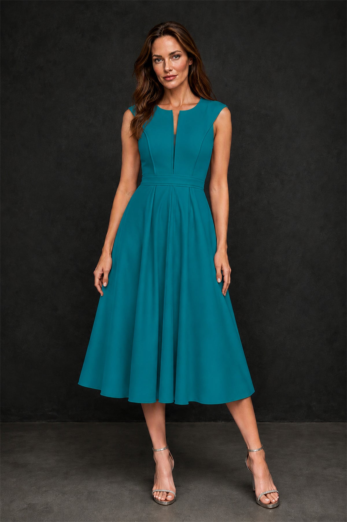 BOLODOO Teal 3D Rosette Appliqué 3/4 Sleeve Jacket & V-Notch Sleeveless A-Line Tea-Length Two-Piece Dress Set - Teal