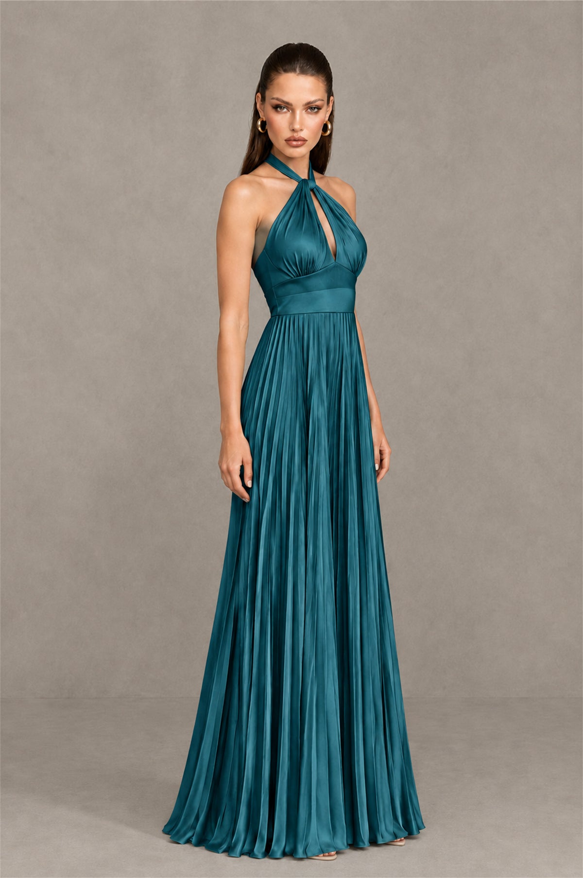 BOLODOO Teal Halter Pleated A-Line Evening Dress - Teal - Teal (3)