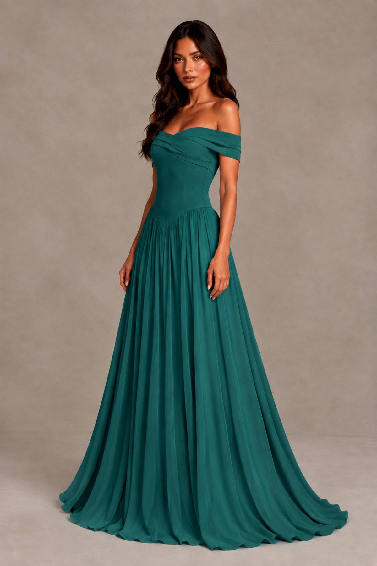 BOLODOO Teal Off-Shoulder Sweetheart Corset Pleated Chiffon Maxi Dress - Teal - Teal (3)