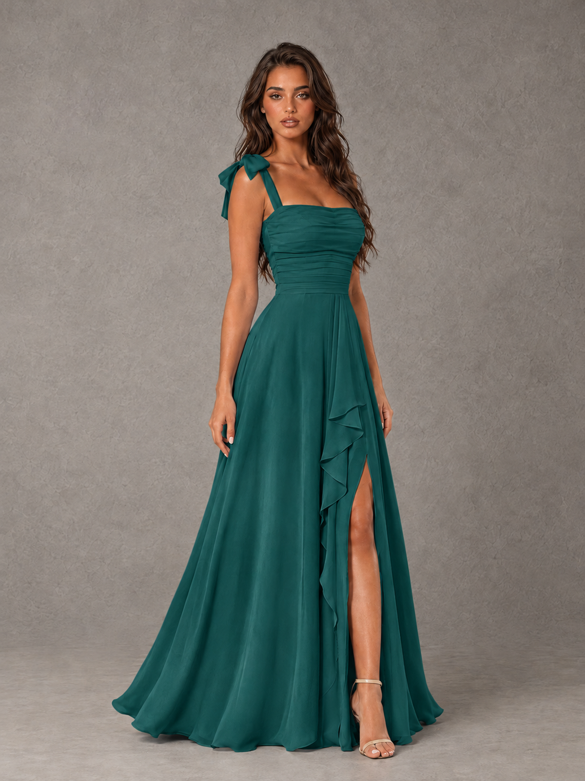BOLODOO Teal Bow-Strap Bridesmaid Dress with Ruffle Slit - Teal - Teal (3)