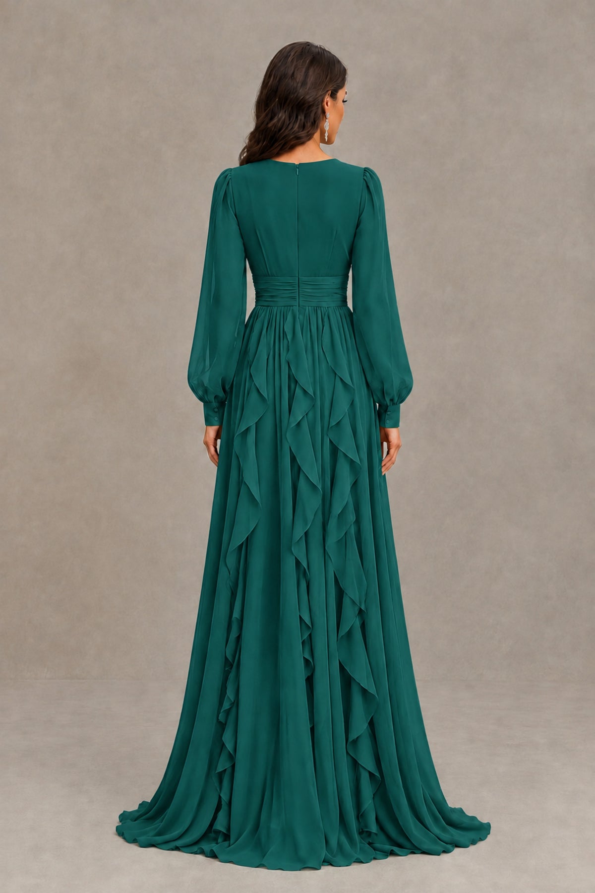 BOLODOO Teal Long Sleeve V-Neck Ruffle Maxi Dress - Teal - Teal (3)