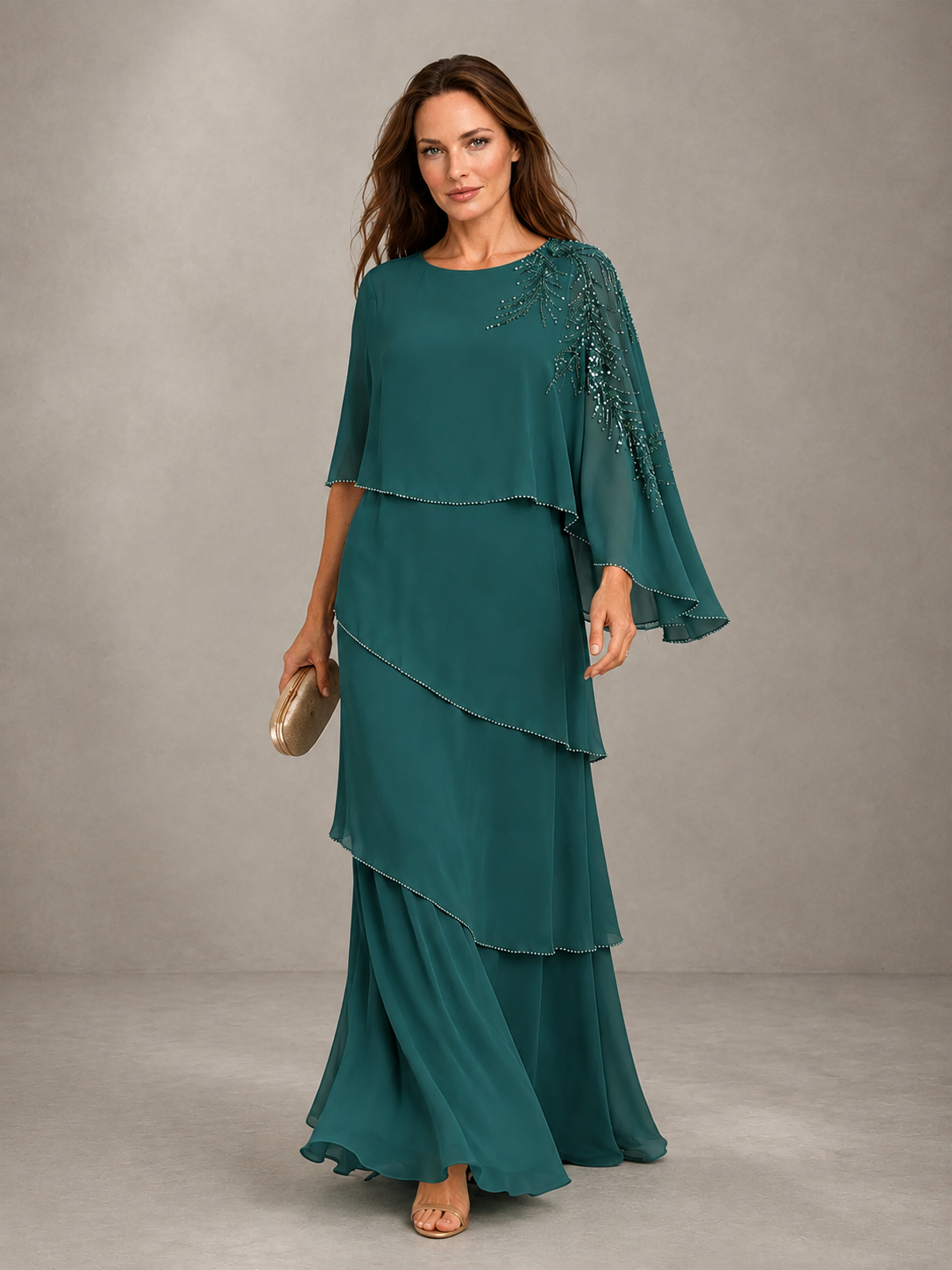 BOLODOO Teal Mocha Asymmetric Cape Sleeve Teal Sequin Embroidered Pearl Trim Tiered Chiffon Gown - Teal