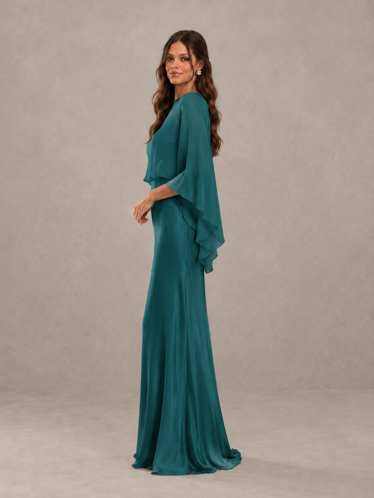 BOLODOO Teal Satin Mermaid Bridesmaid Dress with Chiffon Cape - Teal - Teal (3)