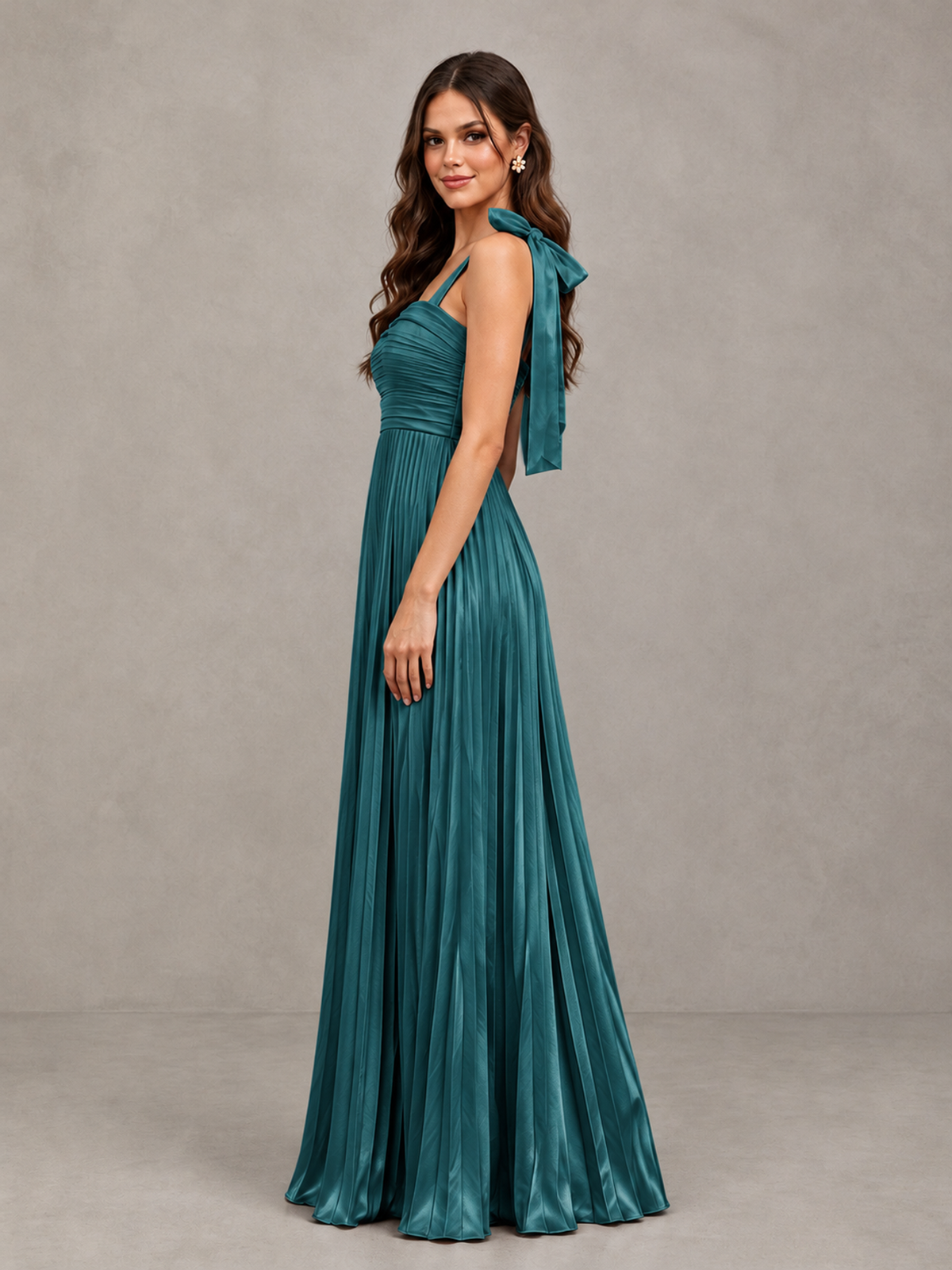 BOLODOO Teal Pleated Bow-Strap Bridesmaid Maxi Dress - Teal - Teal (3)