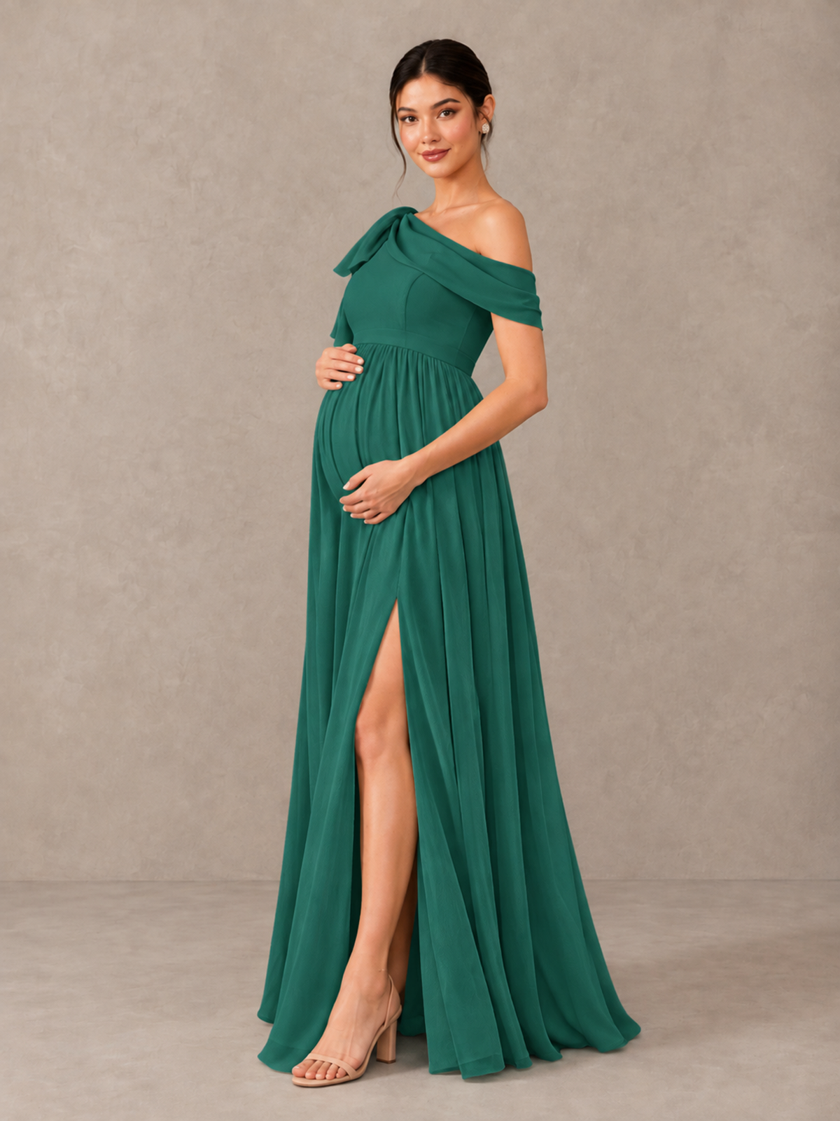 BOLODOO Teal One-Shoulder Maternity Bridesmaid Dress with Slit - Teal - Teal (3)