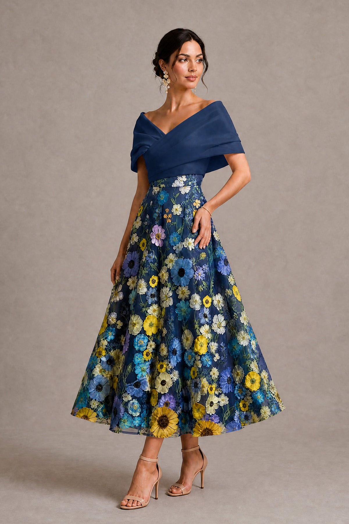 Teal Off-Shoulder Satin & 3D Floral Embroidered Tulle Tea Length A-Line Dress - Teal