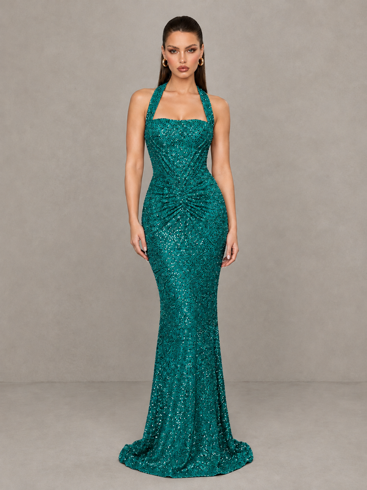BOLODOO Teal Sequin Halter Mermaid Evening Gown - Teal - Teal (3)