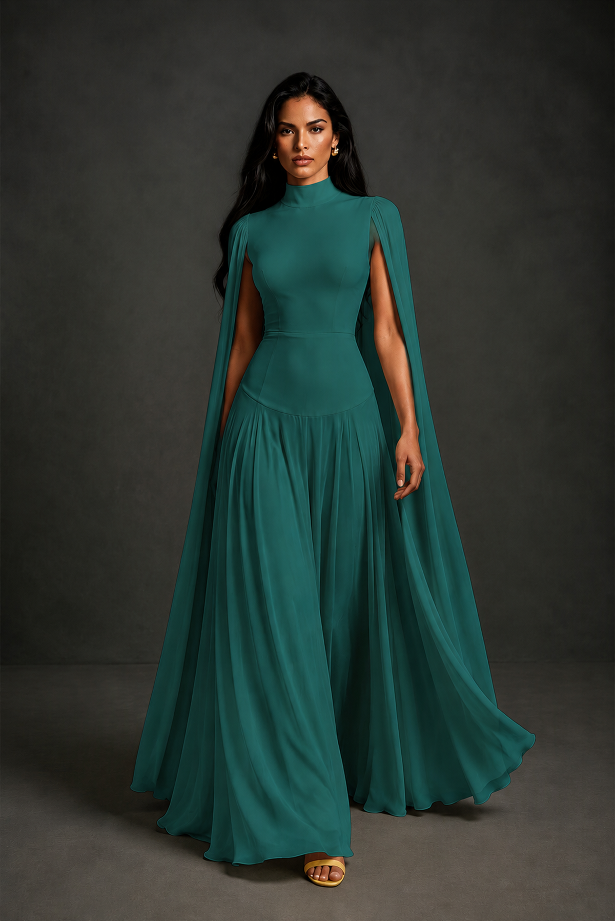 BOLODOO Teal Mock Neck Cape Sleeve A-Line Chiffon Maxi Dress - Teal