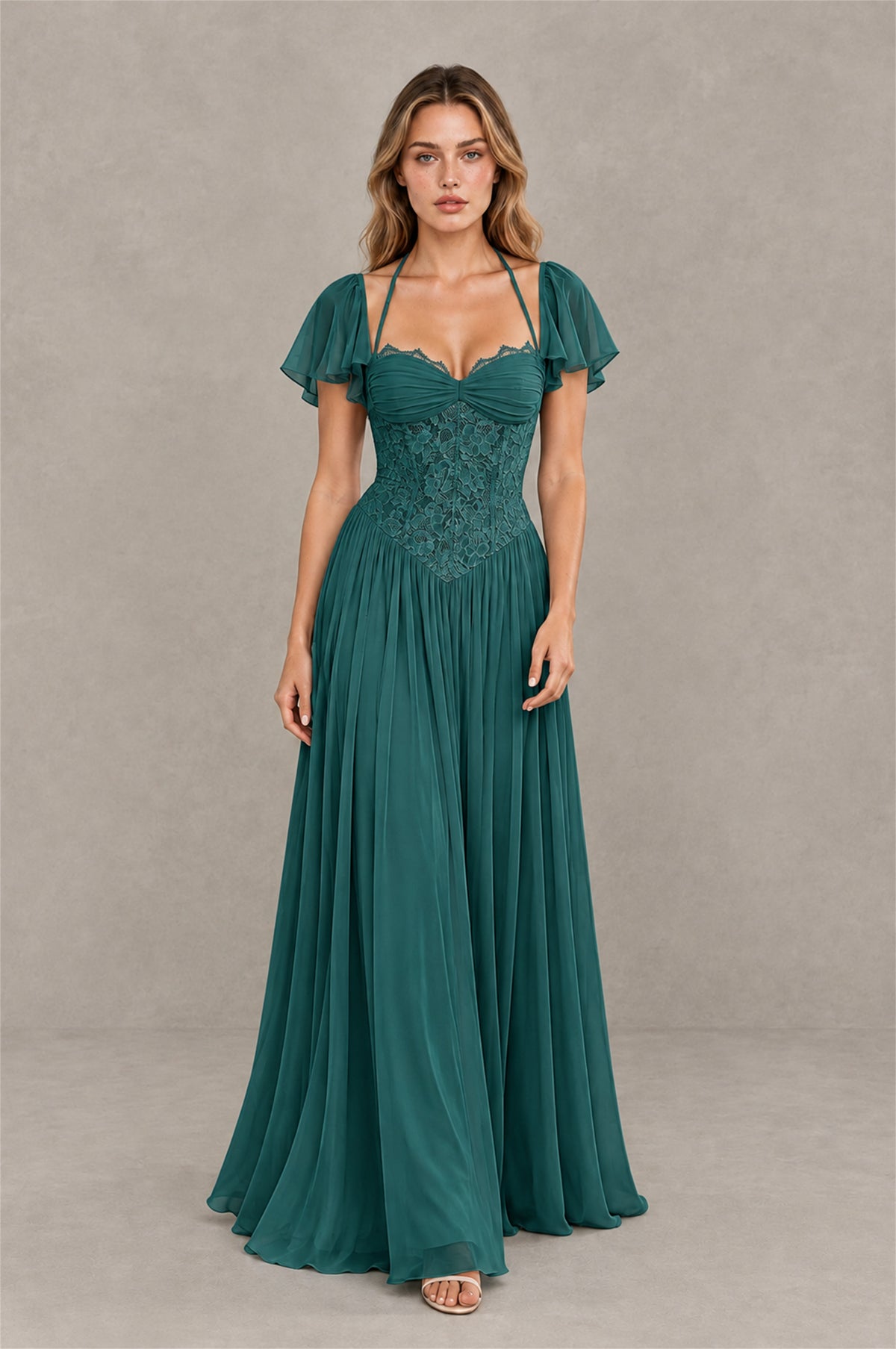 BOLODOO Teal Flutter Sleeve Lace Corset A-Line Maxi Dress - Teal - Teal (3)