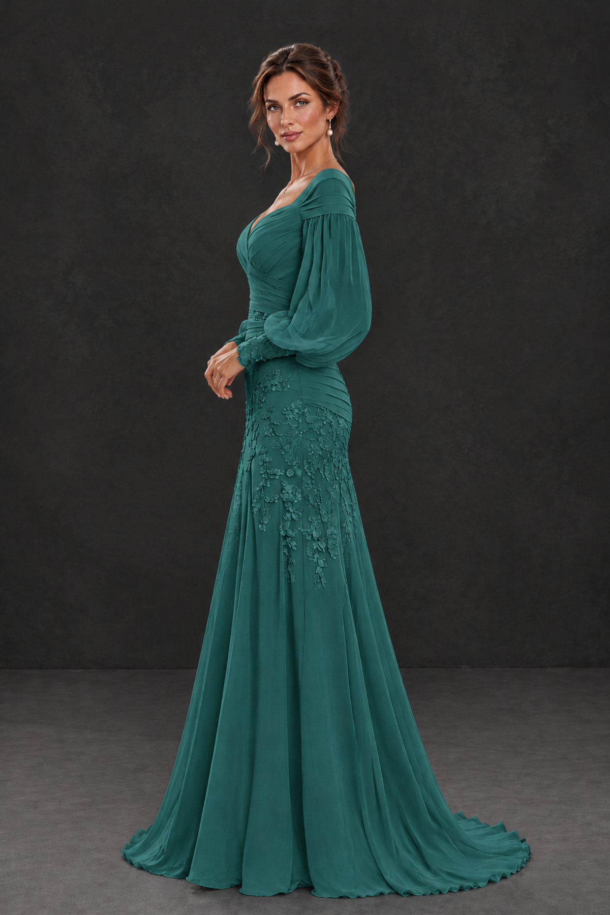 BOLODOO Teal Long Sleeve Mother of the Bride Dress with Floral Appliqués - Teal - Teal (3)