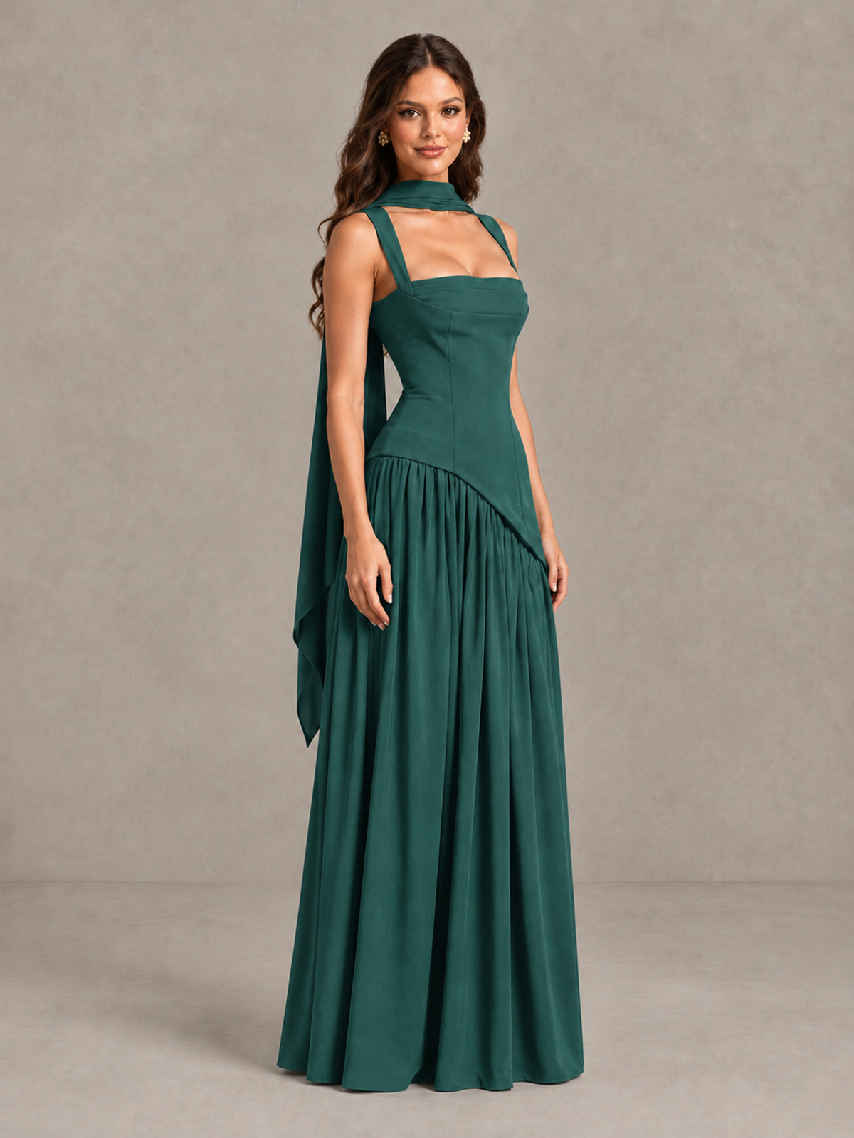 BOLODOO Teal Brown Scarf Bridesmaid Dress with Lace-Up Back - Teal - Teal (3)