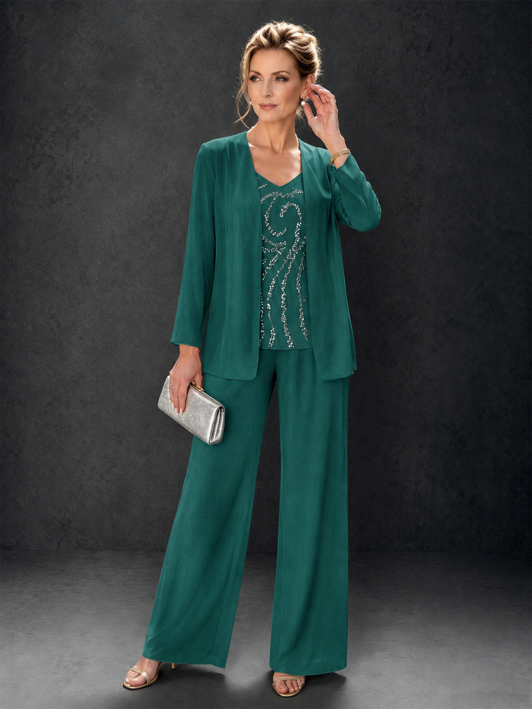 BOLODOO Teal 3-Piece Mother of the Bride Pant Suit with Beaded Top & Chiffon Jacket - Teal