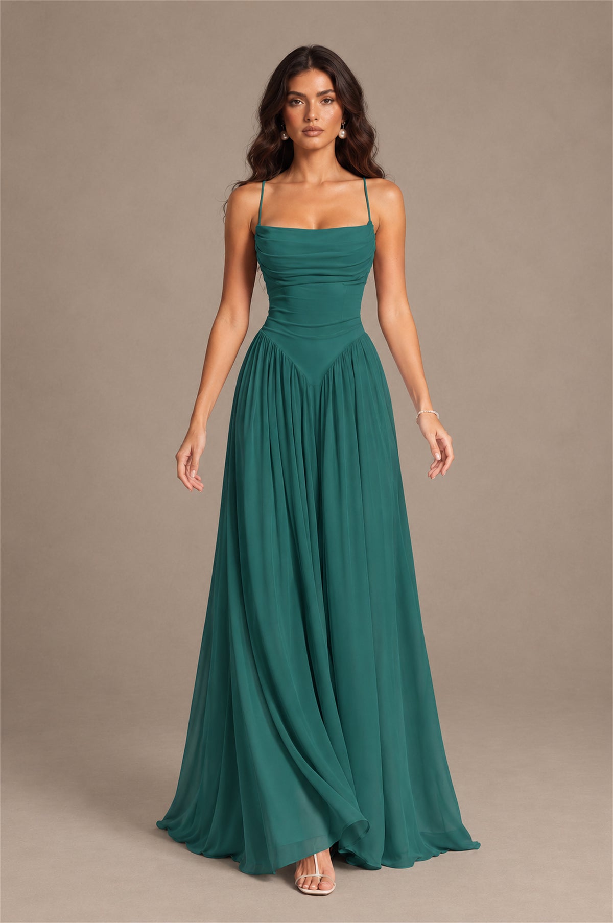BOLODOO Teal Spaghetti Strap Square Neck Ruched Chiffon Maxi Dress with Lace-Up Back - Teal