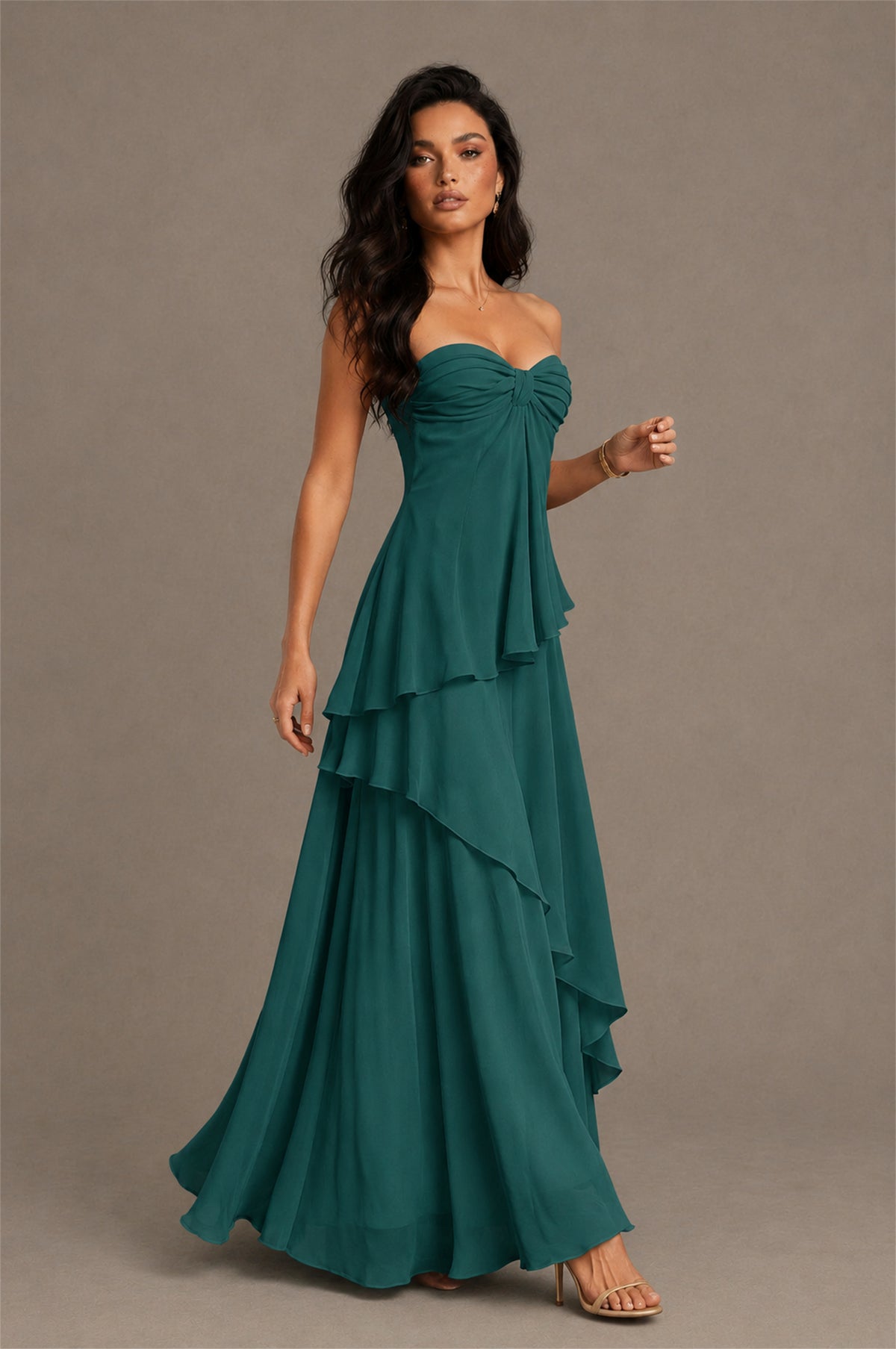 BOLODOO Teal Strapless Sweetheart Knotted Chiffon Tiered Maxi Dress with Lace-Up Back - Teal
