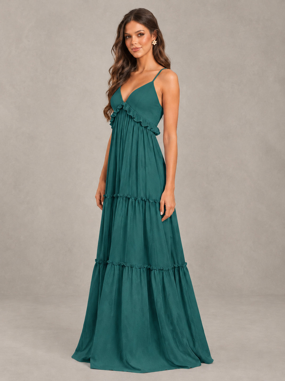BOLODOO Teal Tiered V-Neck Lace-Up Back Bridesmaid Dress - Teal - Teal (3)