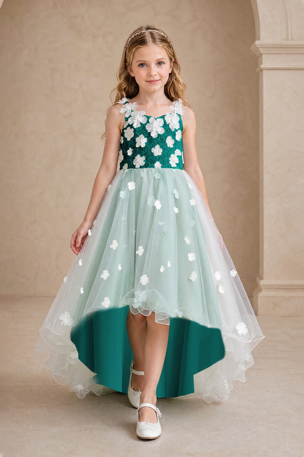 BOLODOO Teal Flower Girl Dress with Floral Appliqué and High-Low Tulle Skirt - Teal