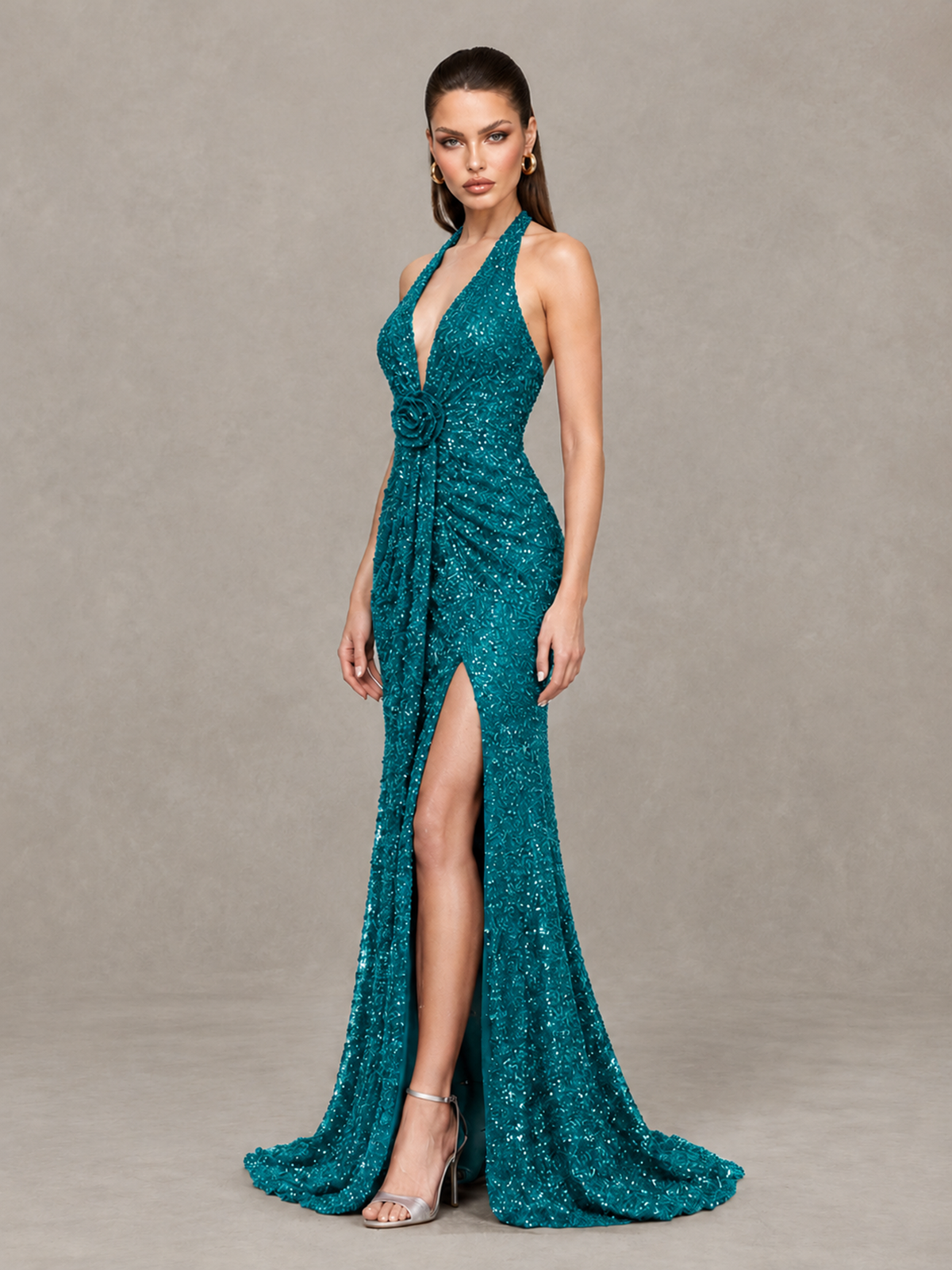 BOLODOO Teal Sequin Halter Open Back Evening Gown with High Slit - Teal - Teal (3)