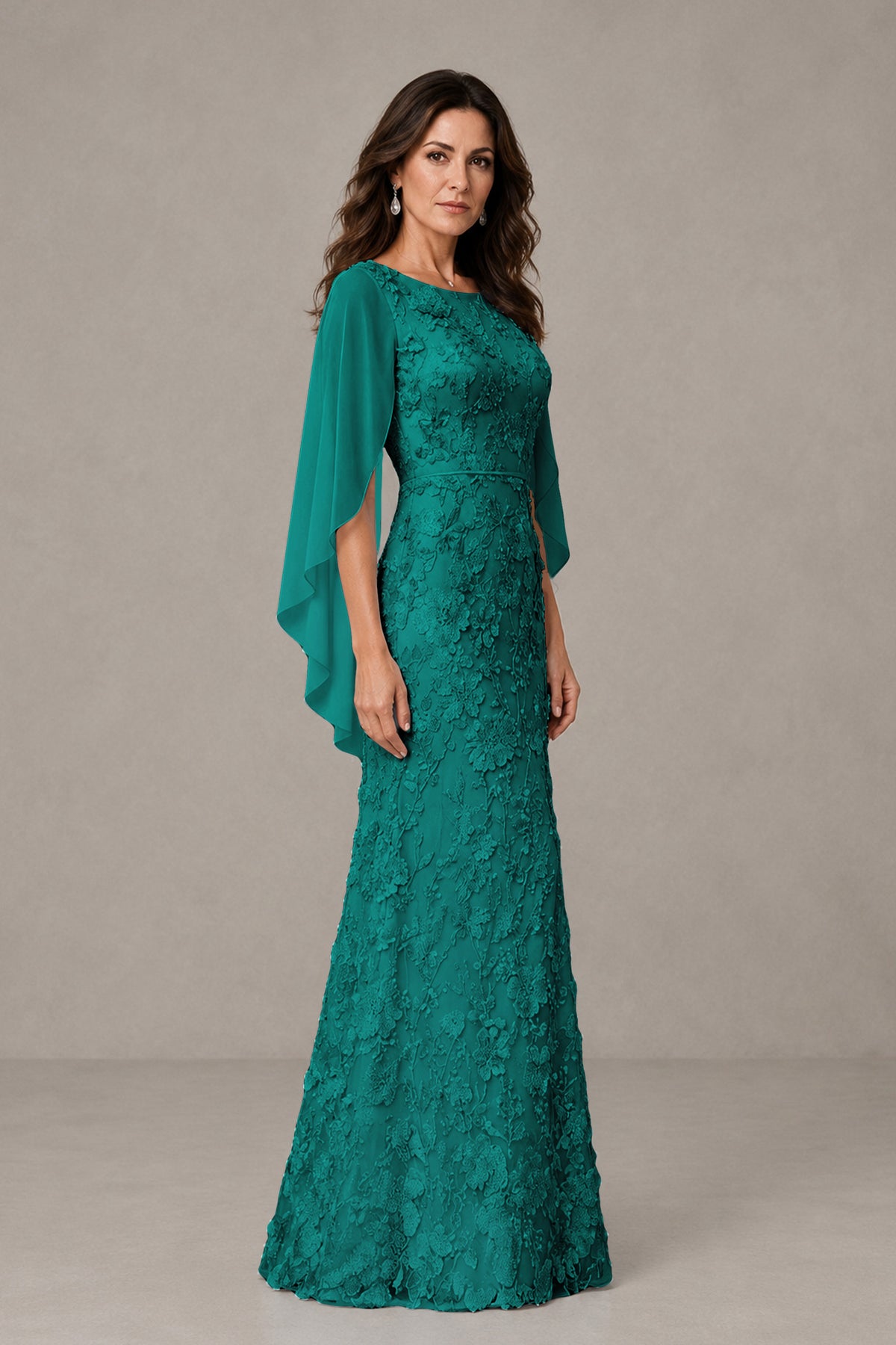 BOLODOO Teal Lace Mother of the Bride Dress with Cape Sleeves - Teal