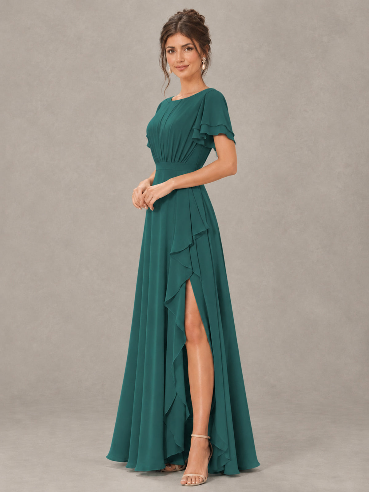 BOLODOO Teal Flutter Sleeve Ruffle Bridesmaid Dress with Slit - Teal - Teal (3)