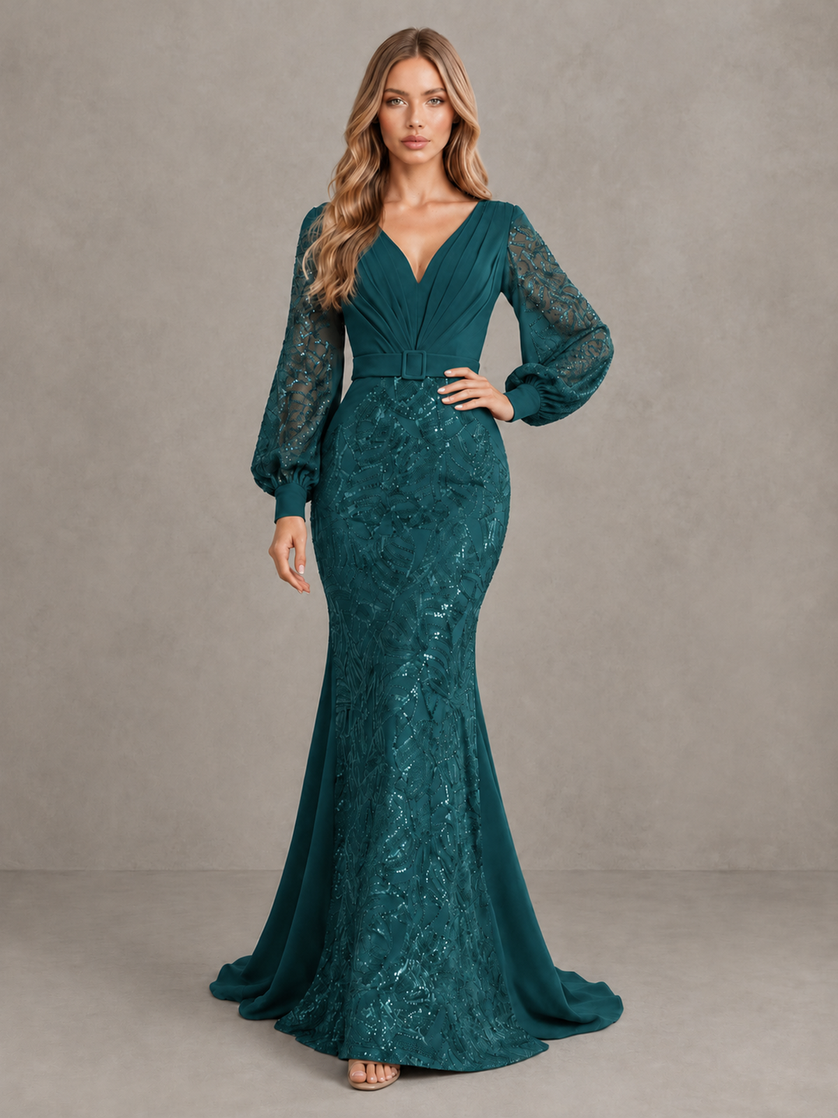 BOLODOO Teal Sequin Long Bishop Sleeve Mermaid Evening Dress - Teal - Teal (3)