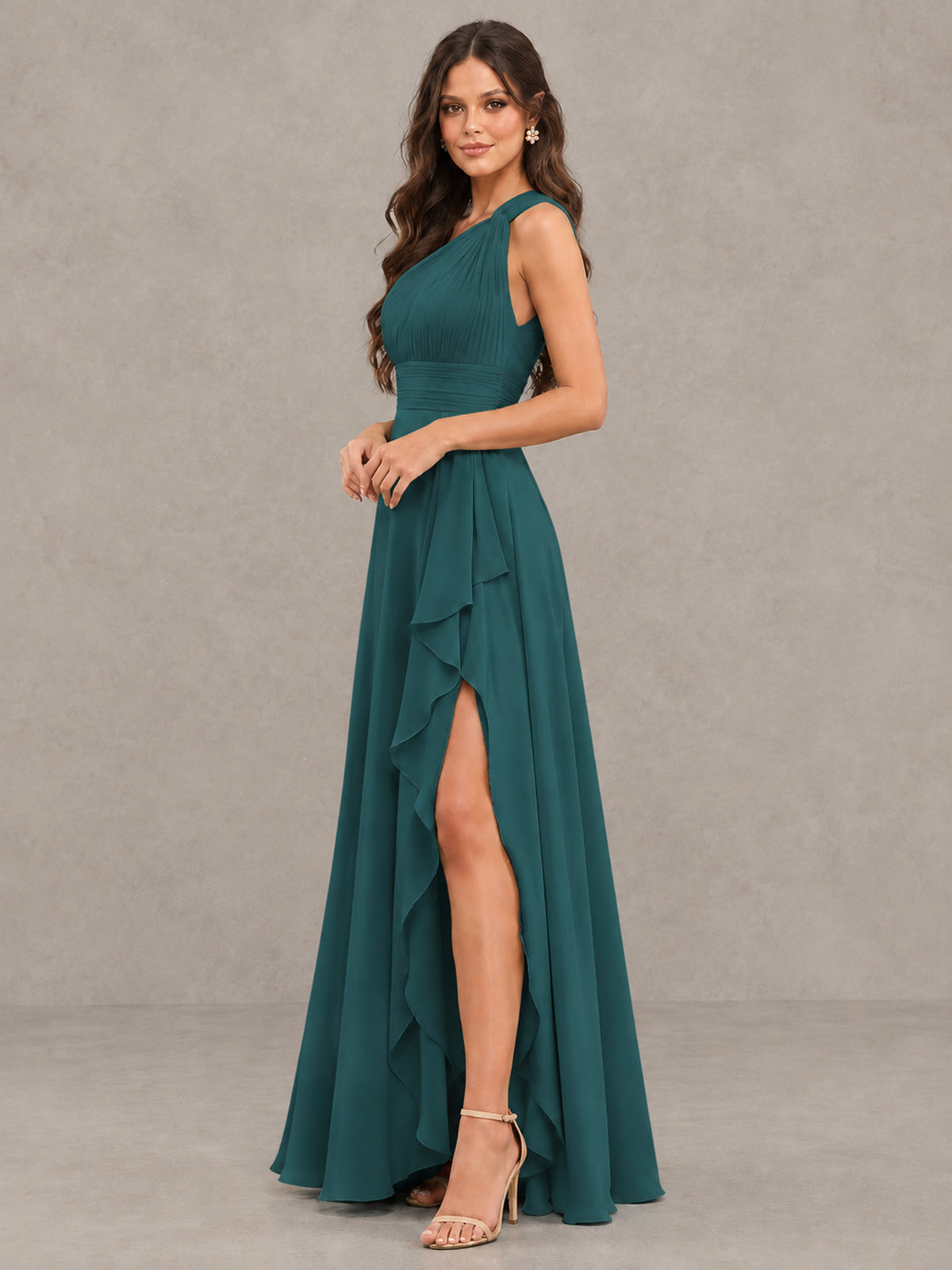 BOLODOO Teal One-Shoulder Ruffle Bridesmaid Dress with Slit - Teal - Teal (3)