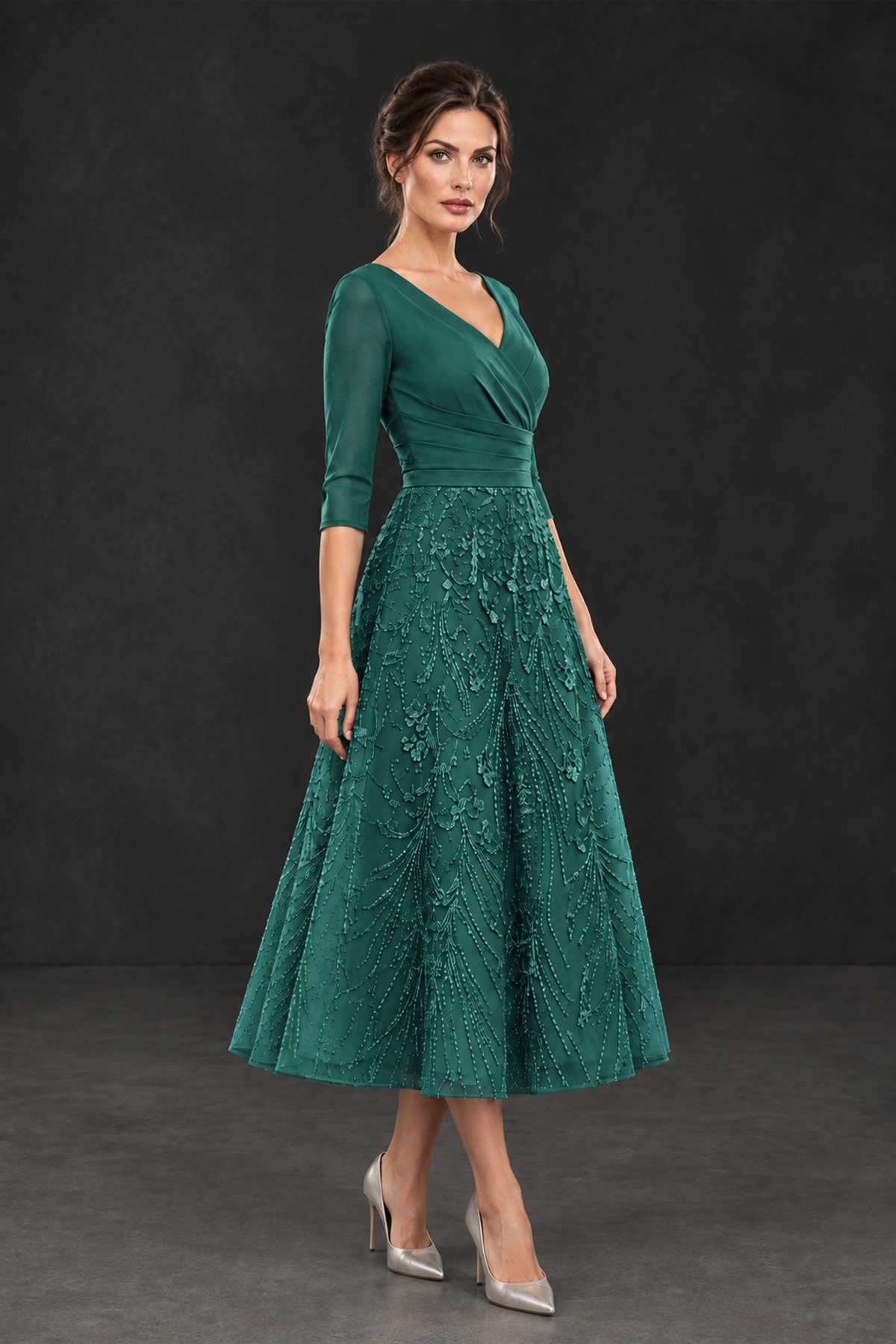BOLODOO Teal V-Neck Tea-Length Lace Mother of the Bride Dress - Teal