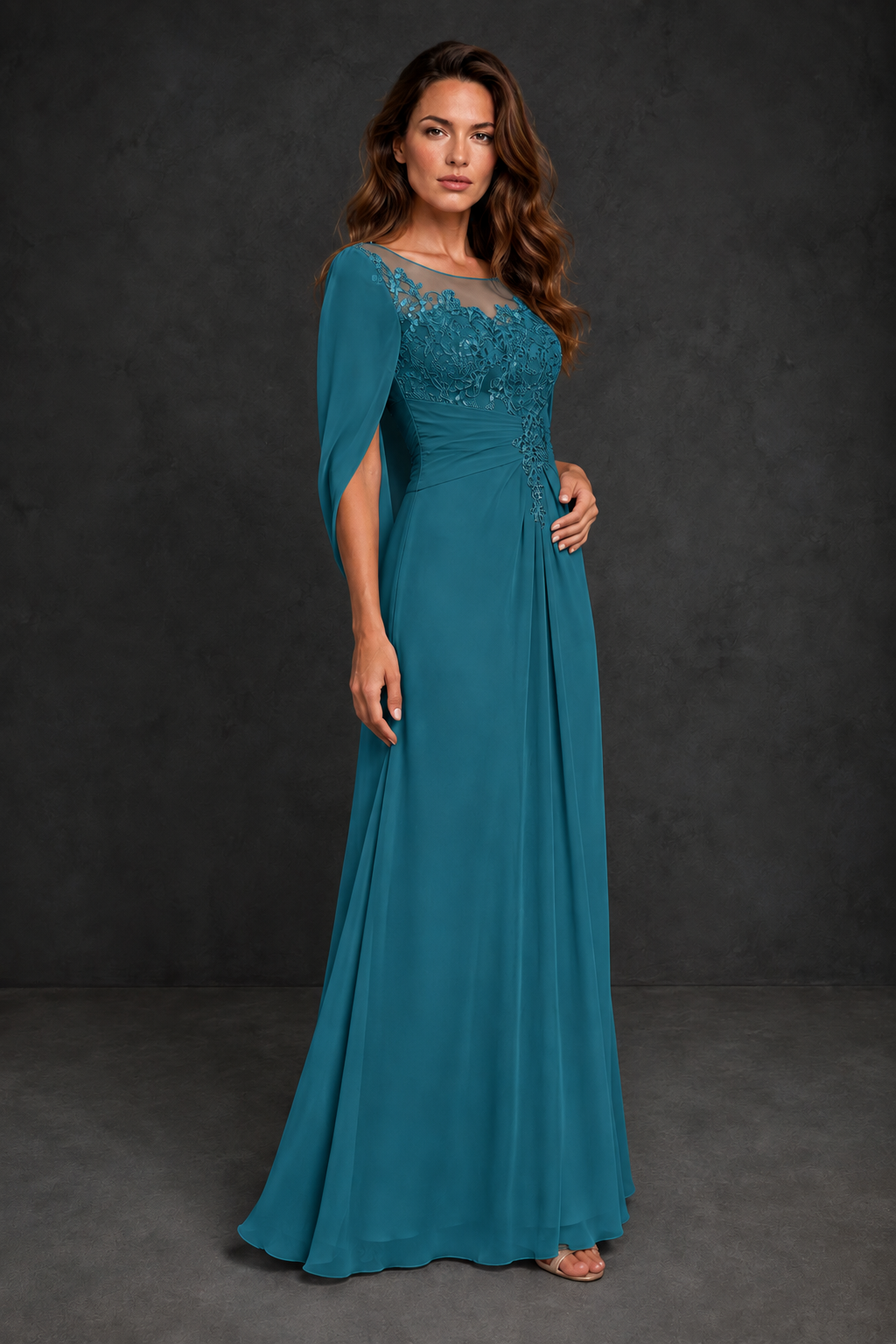 BOLODOO Teal Illusion Lace One-Side Cape Sleeve Beaded Chiffon Floor Length Gown | Mother of the Bride Evening Dress - Teal