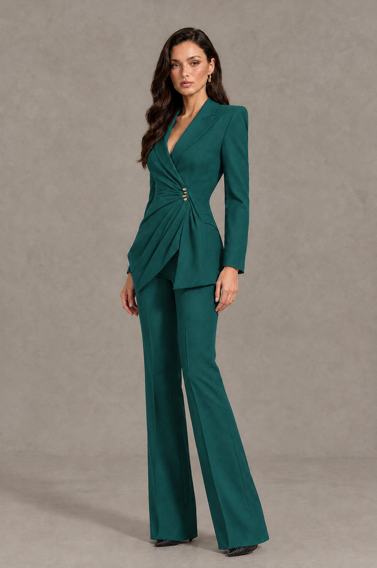BOLODOO Teal Long Sleeve Wrap Blazer Pantsuit with Wide-Leg Trousers - Teal - Teal (3)