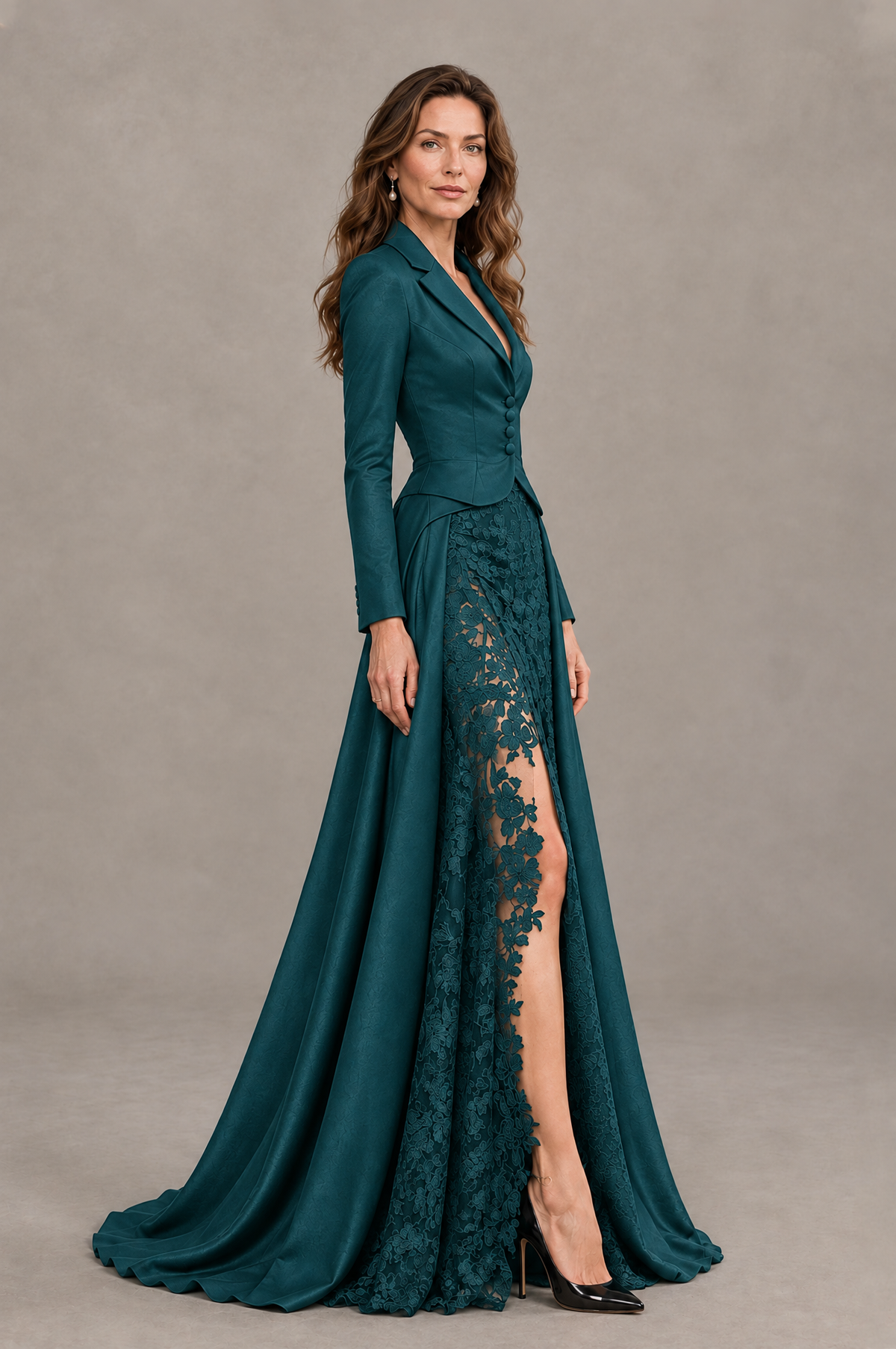 BOLODOO Teal Long Sleeve Lace Blazer Gown with High Slit - Teal - Teal (3)