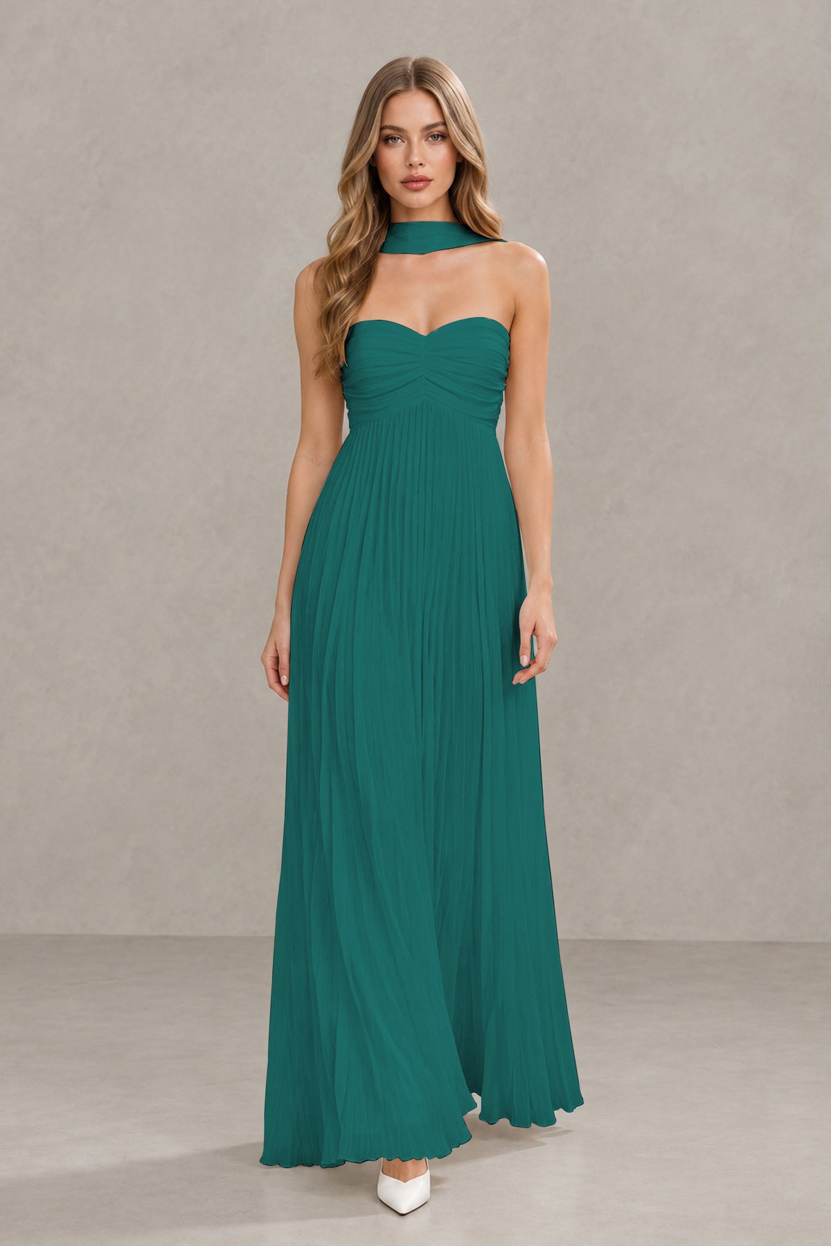 BOLODOO Teal Strapless Chiffon-Look Maxi Dress with Lace-Up Back & Cape - Teal