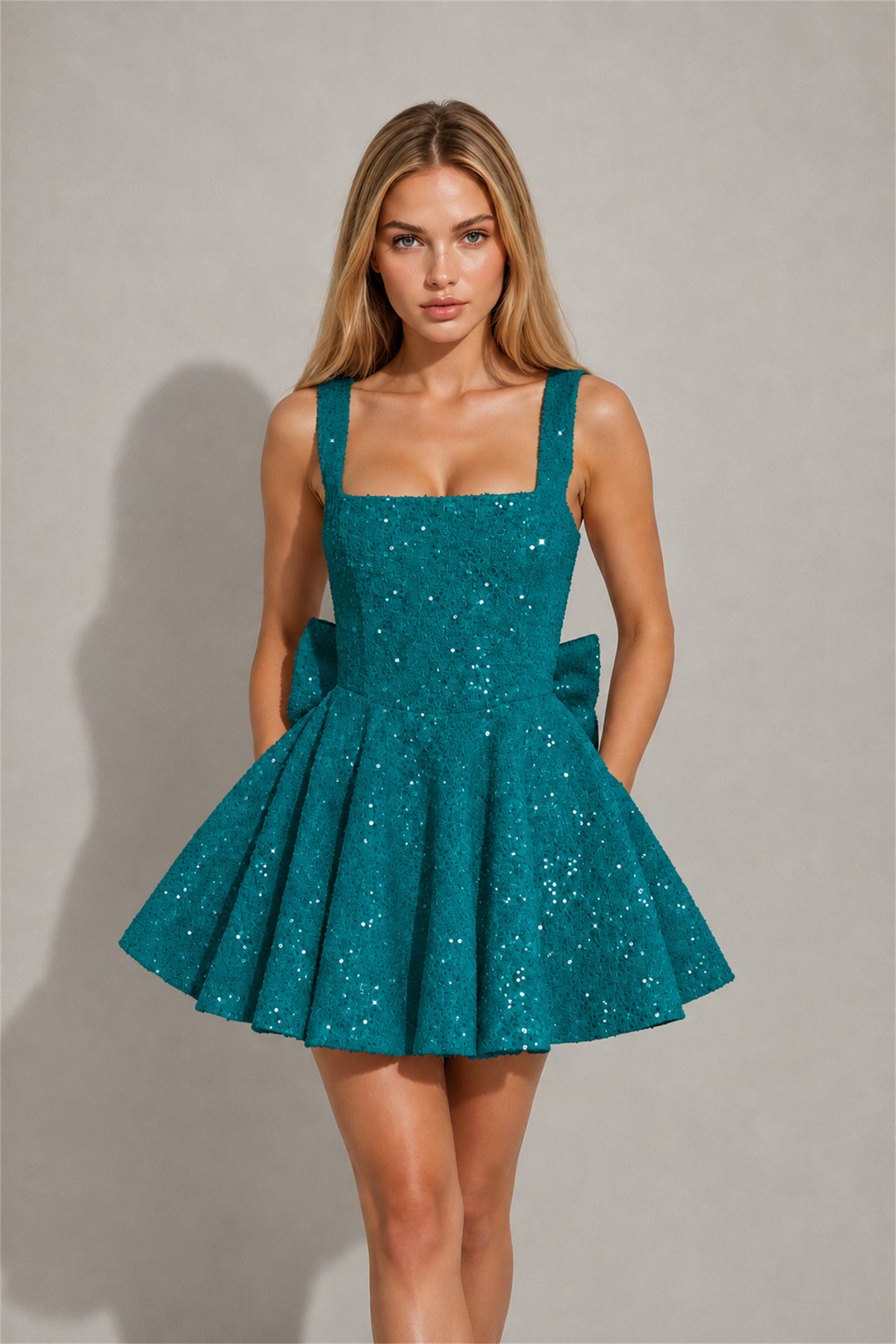 BOLODOO Teal Sequin Square Neck Wide Strap Bow Waist Open Back Fit and Flare Mini Dress | Prom Birthday Party Dress - Teal