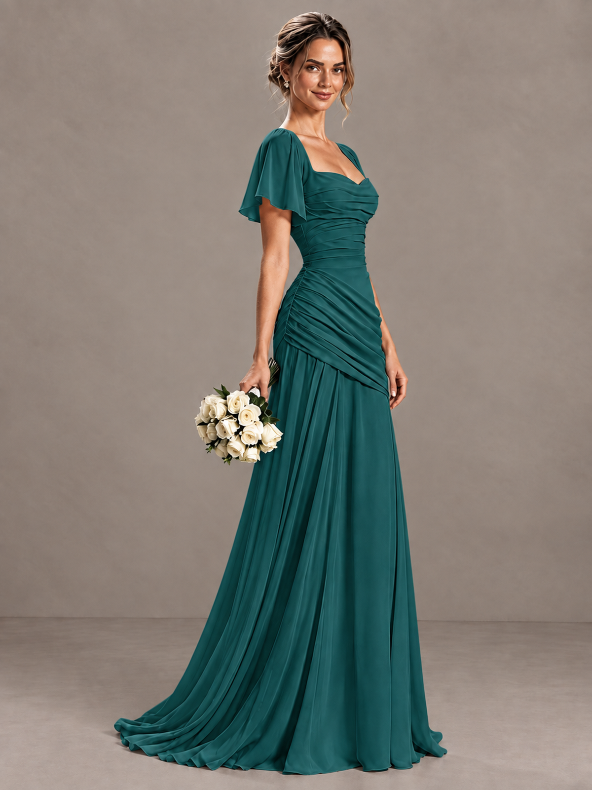 BOLODOO Teal Flutter Sleeve Lace-Up Back Maxi Dress - Teal