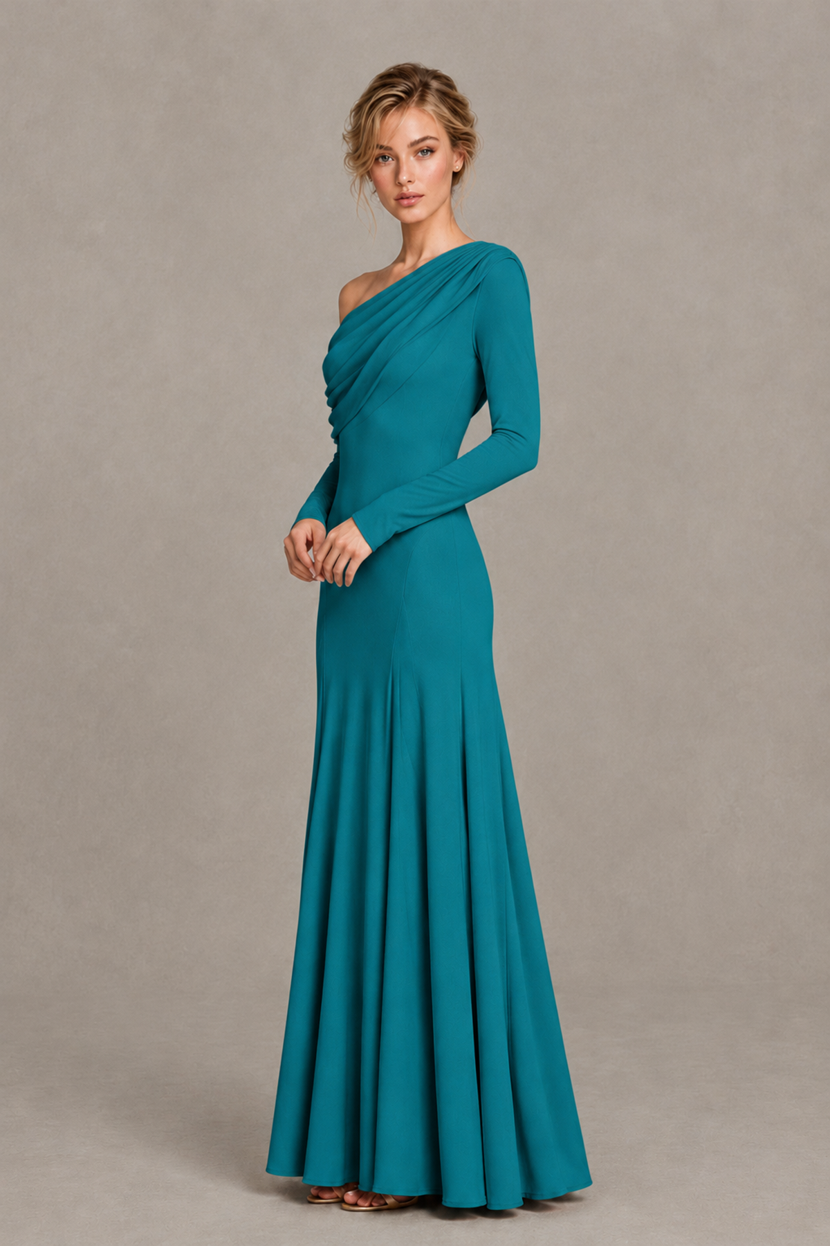 BOLODOO Teal Asymmetric Draped Long Sleeve Evening Gown - Teal