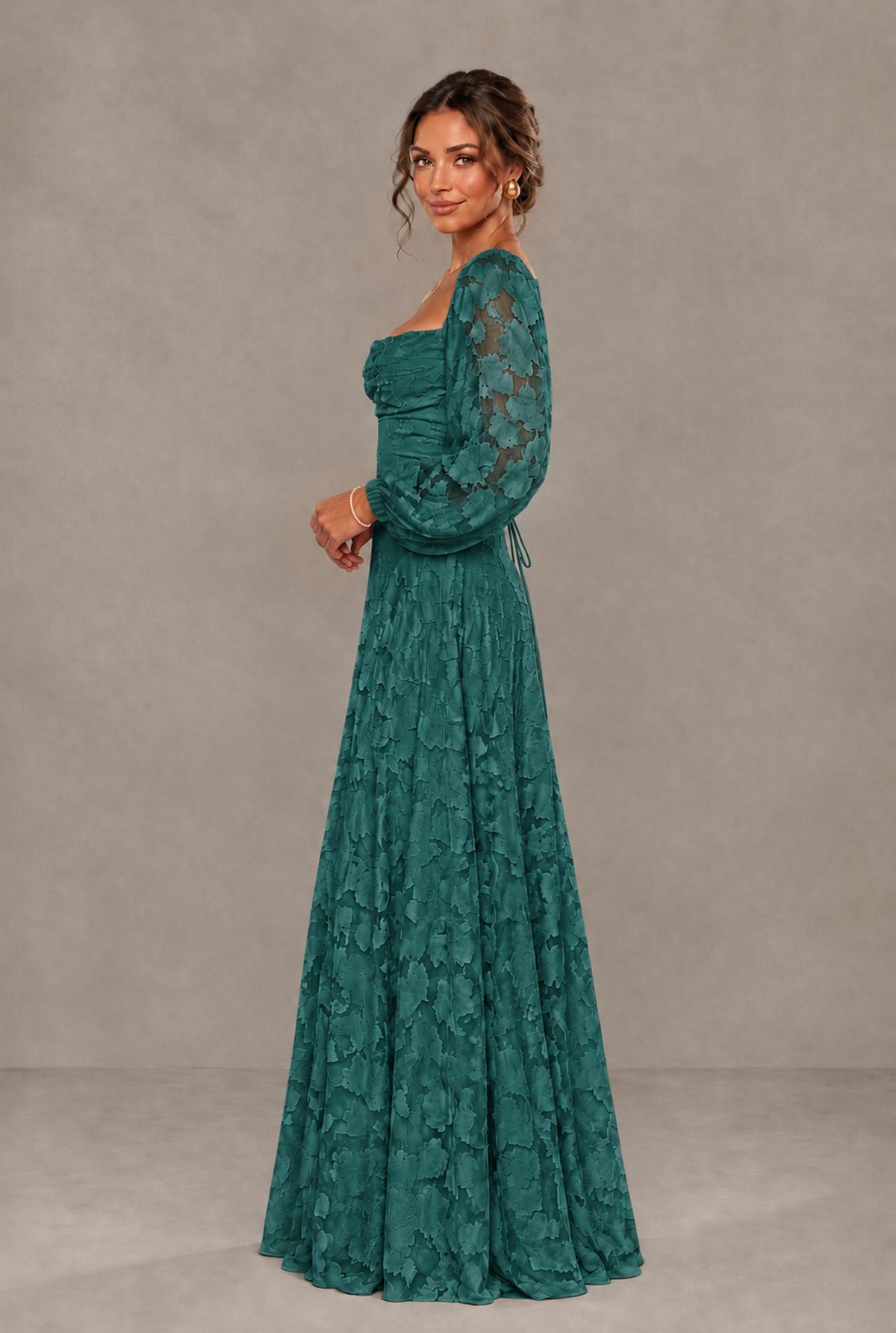 BOLODOO Floral Teal Long Sleeve A-Line Dress with Lace-Up Back - Teal