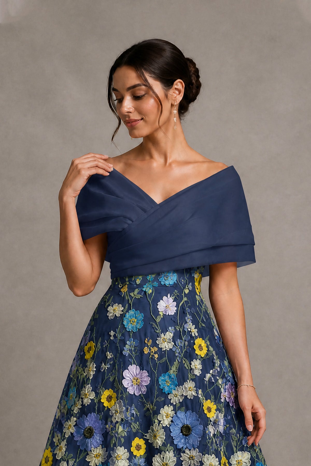 Teal Off-Shoulder Satin & 3D Floral Embroidered Tulle Tea Length A-Line Dress - Teal