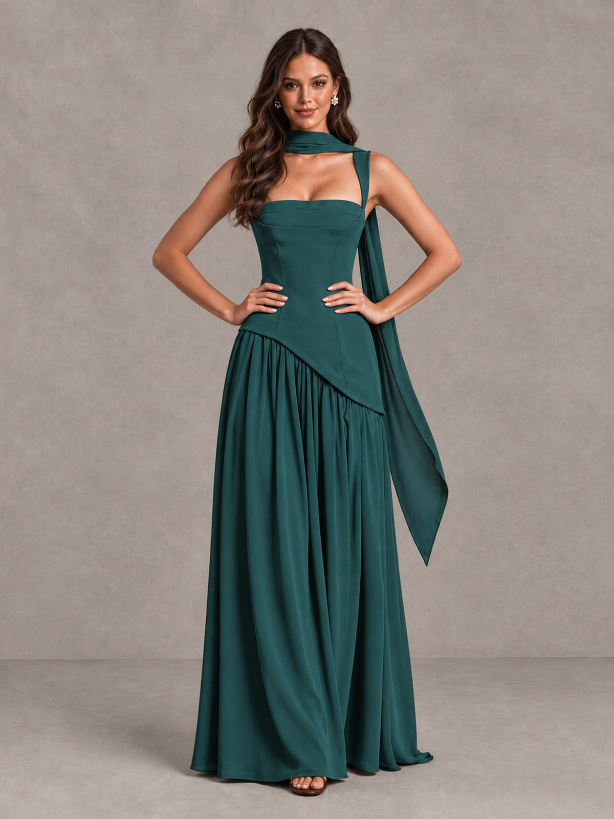 BOLODOO Teal Brown Scarf Bridesmaid Dress with Lace-Up Back - Teal - Teal (4)