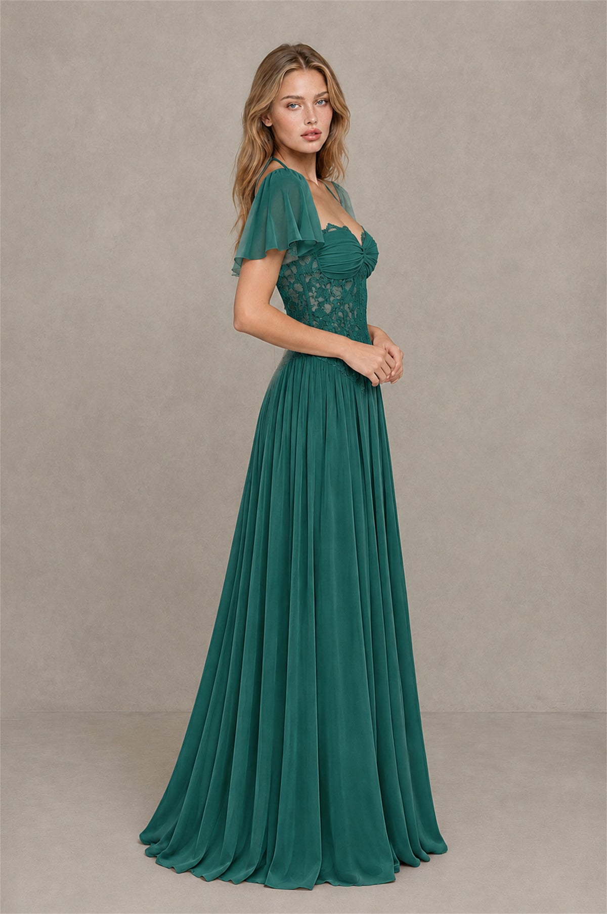 BOLODOO Teal Flutter Sleeve Lace Corset A-Line Maxi Dress - Teal - Teal (4)