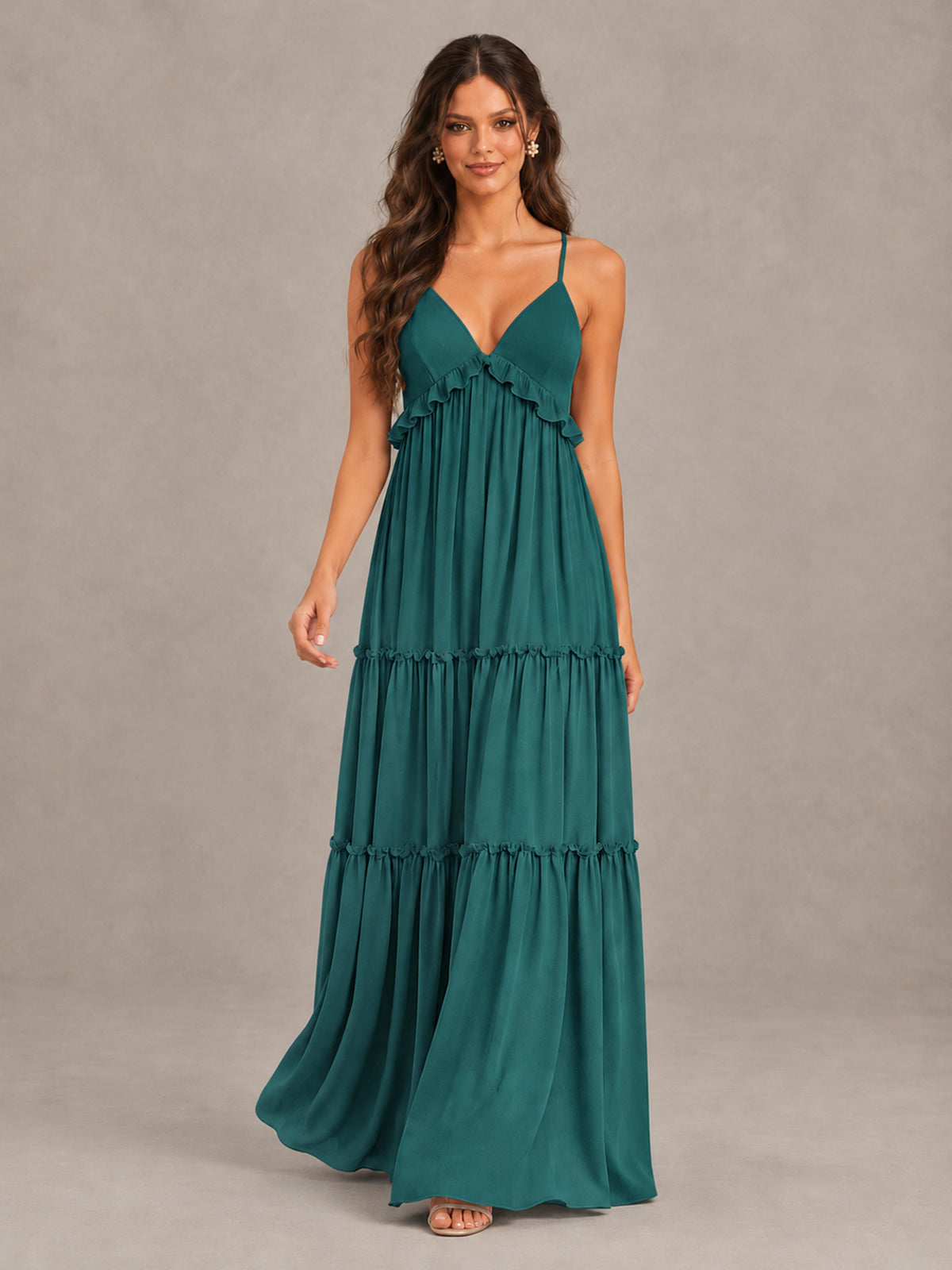 BOLODOO Teal Tiered V-Neck Lace-Up Back Bridesmaid Dress - Teal - Teal (4)
