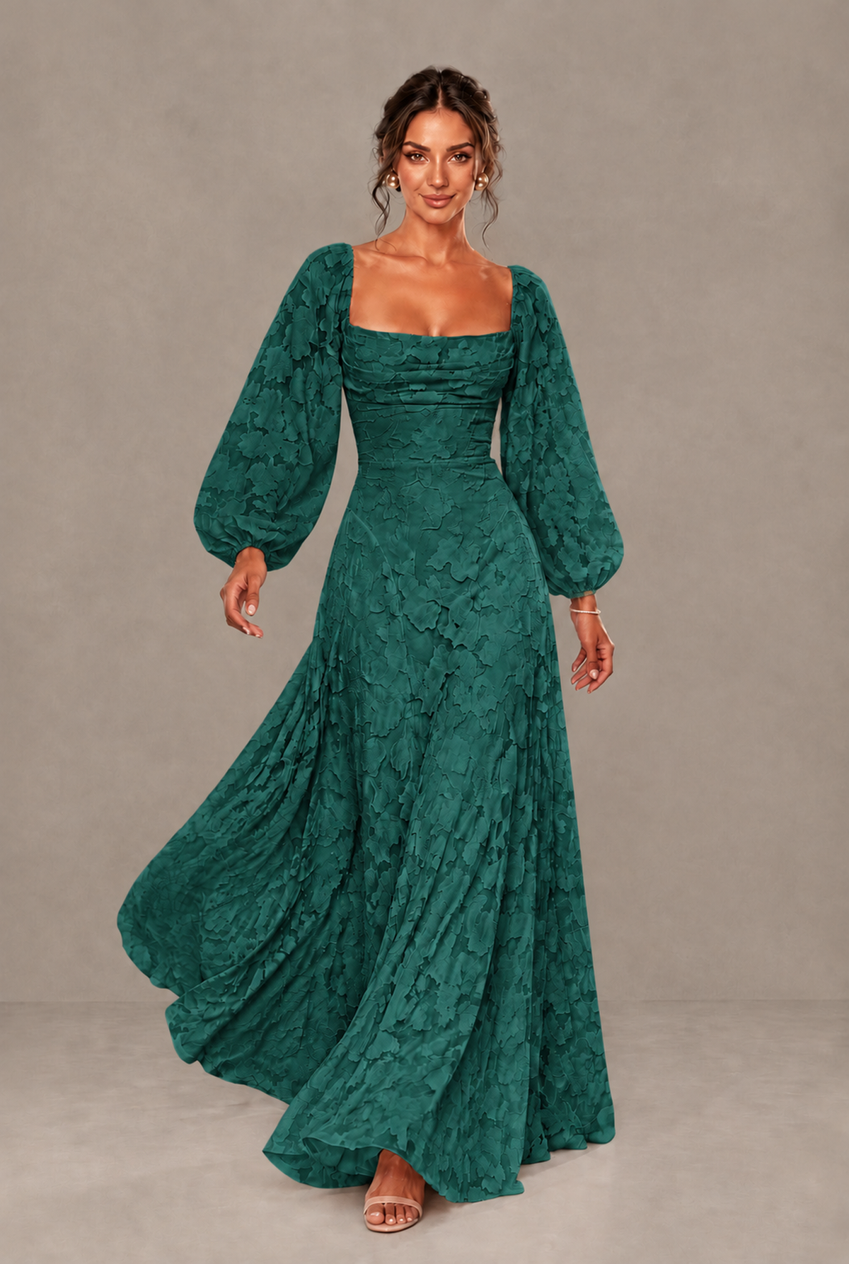BOLODOO Floral Teal Long Sleeve A-Line Dress with Lace-Up Back - Teal