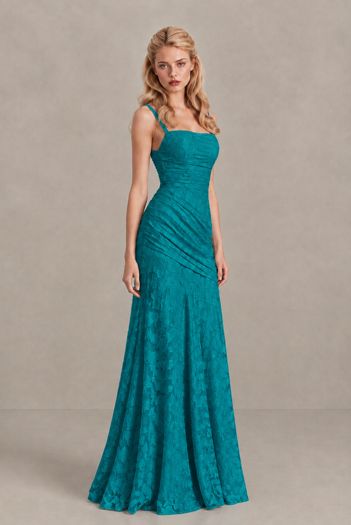 BOLODOO Teal Ruched Floral Maxi Dress with Lace-Up Back - Teal