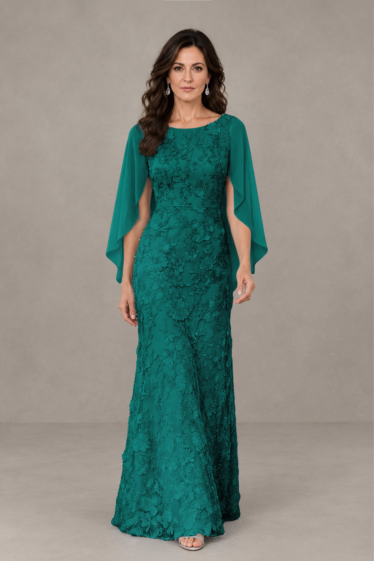BOLODOO Teal Lace Mother of the Bride Dress with Cape Sleeves - Teal