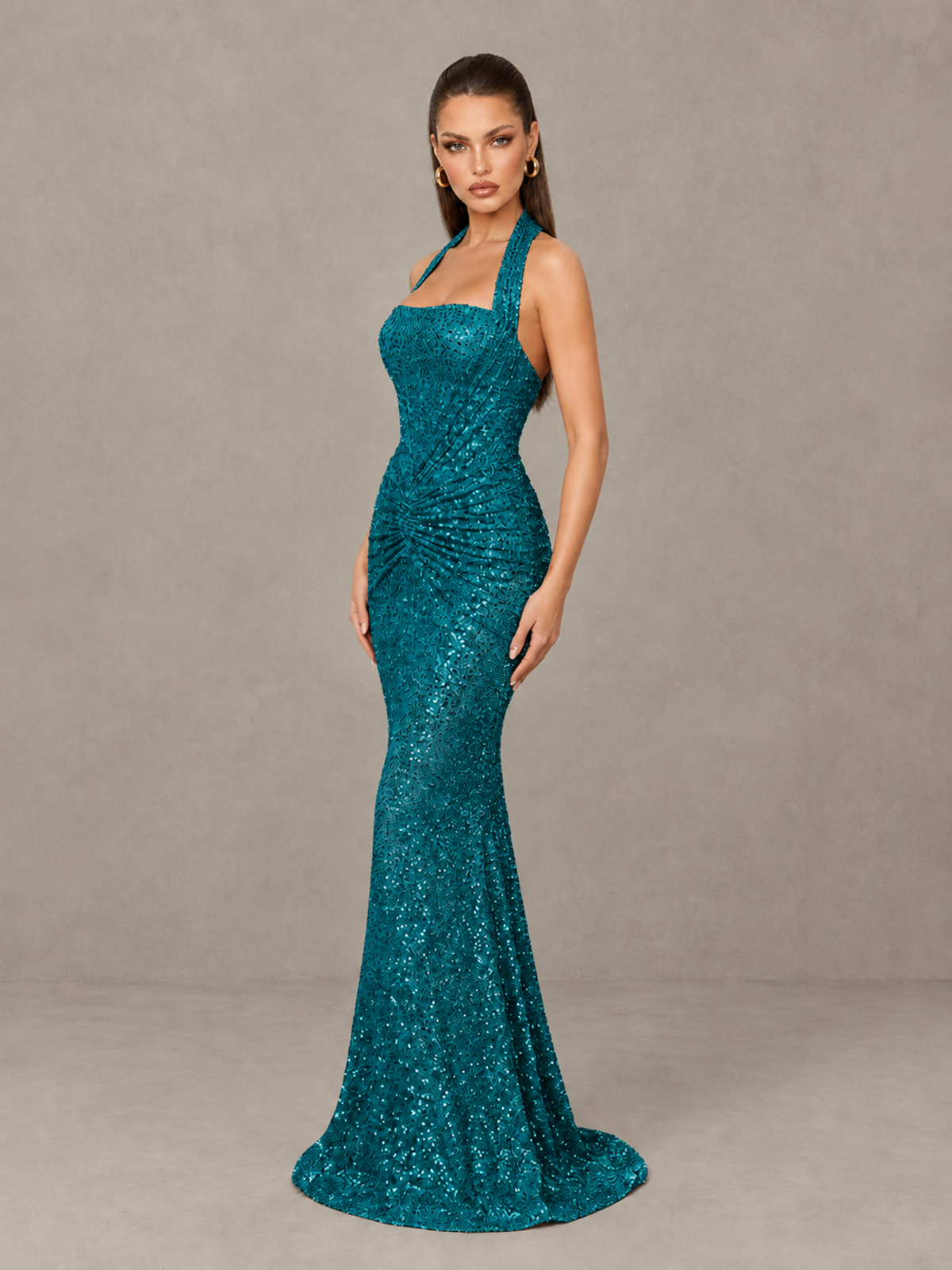 BOLODOO Teal Sequin Halter Mermaid Evening Gown - Teal - Teal (4)