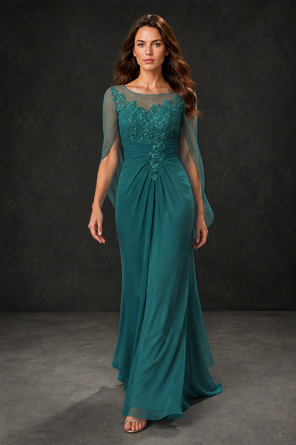 BOLODOO Teal Illusion Lace One-Side Cape Sleeve Beaded Chiffon Floor Length Gown | Mother of the Bride Evening Dress - Teal