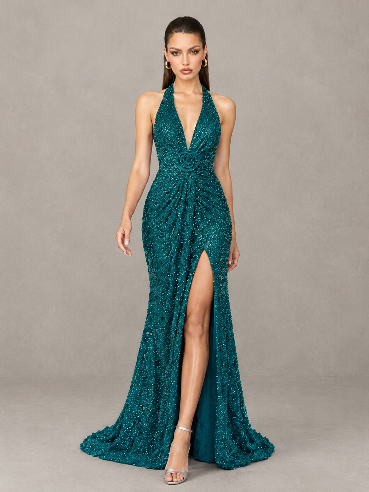 BOLODOO Teal Sequin Halter Open Back Evening Gown with High Slit - Teal - Teal (4)