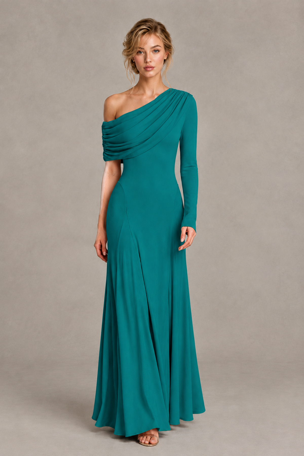 BOLODOO Teal Asymmetric Draped Long Sleeve Evening Gown - Teal
