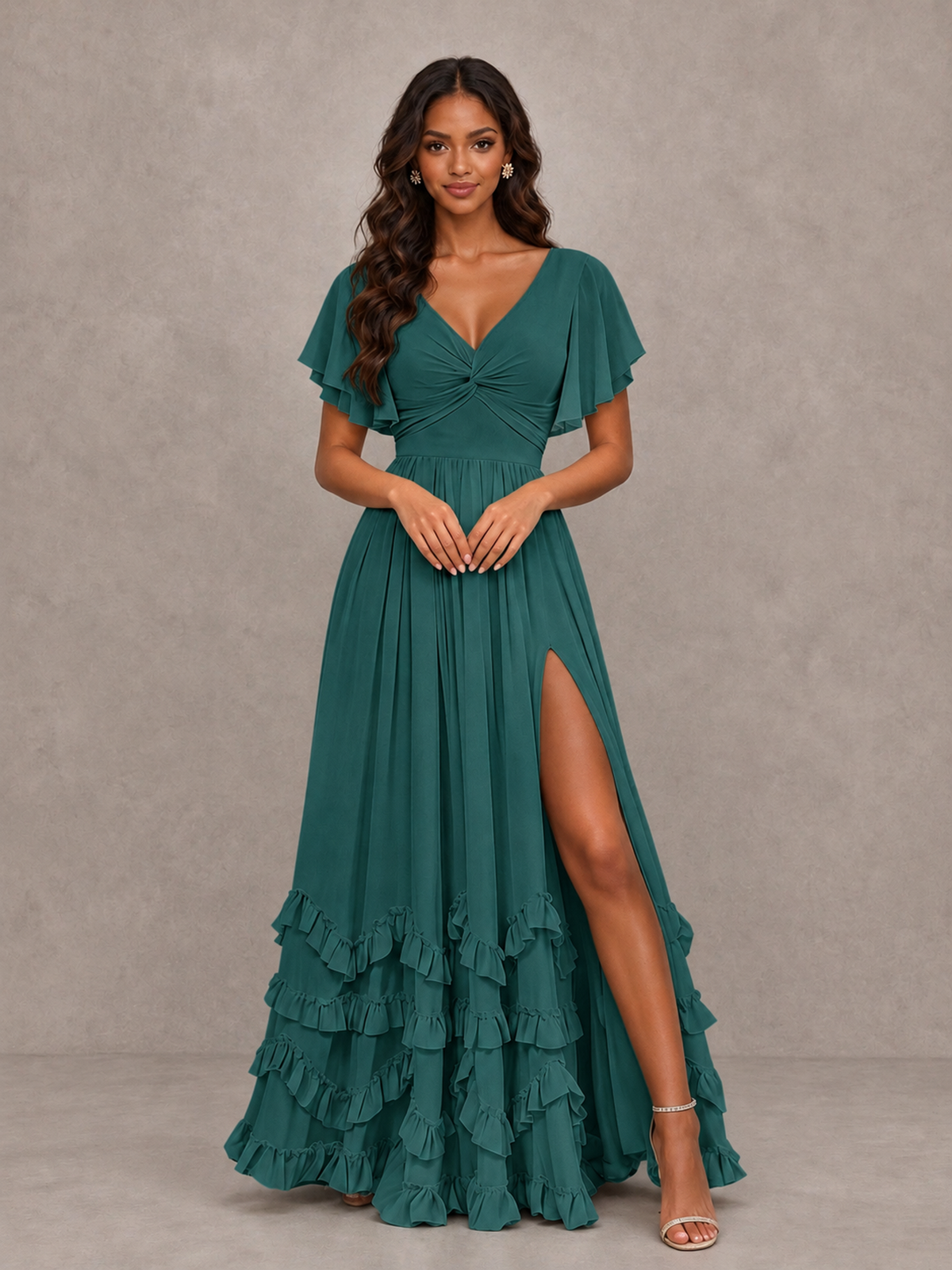 BOLODOO Teal V-Neck Flutter Sleeve Ruffle Bridesmaid Dress with Slit - Teal - Teal (4)